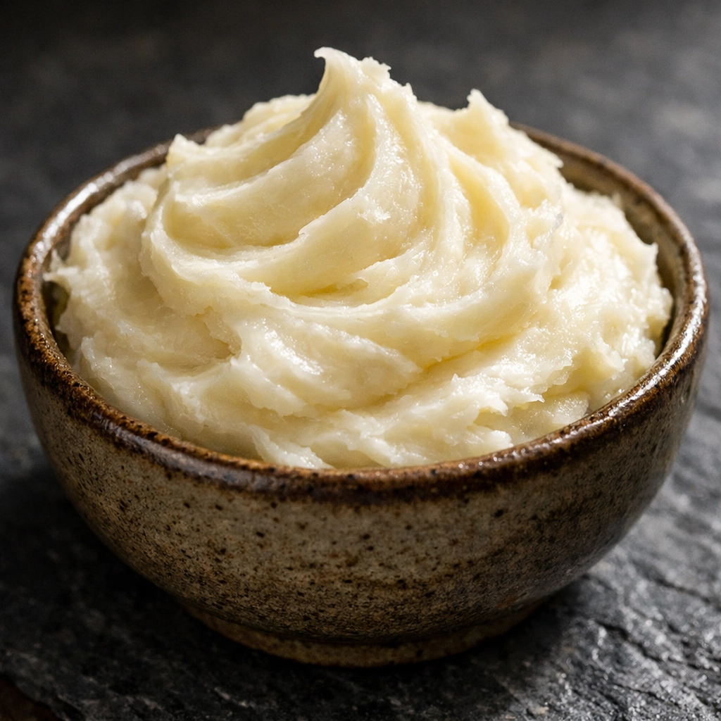Whipped grass-fed beef tallow in a ceramic bowl showing its creamy, skin-compatible texture.
