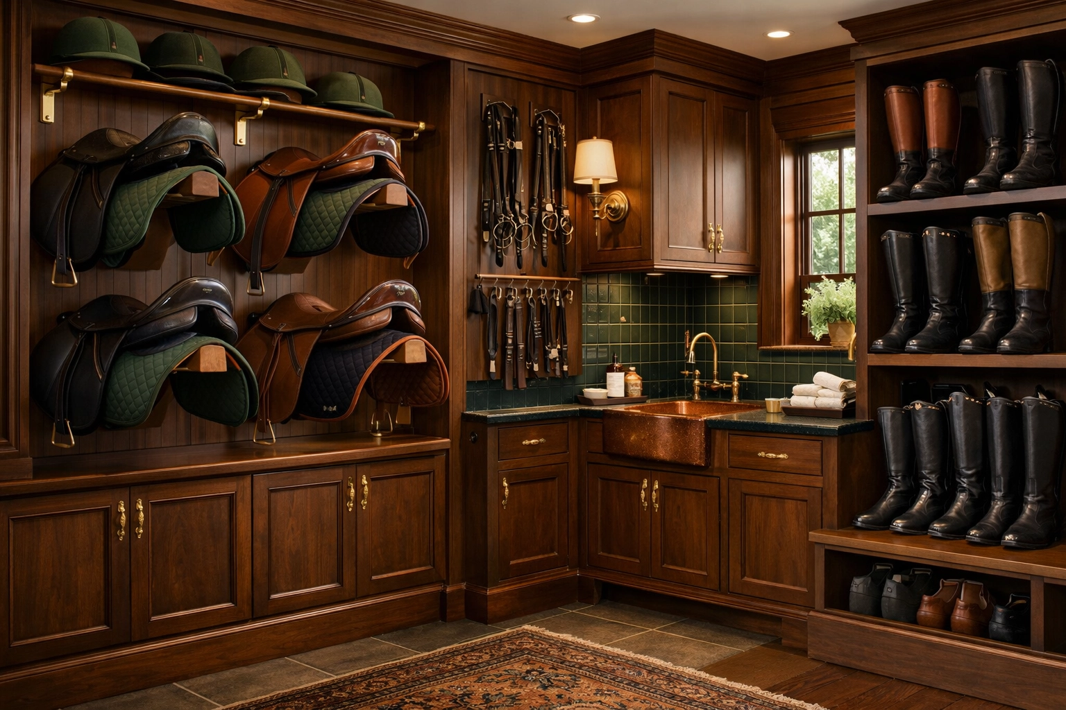 Organized luxury tack room with saddle racks and custom storage in equestrian property