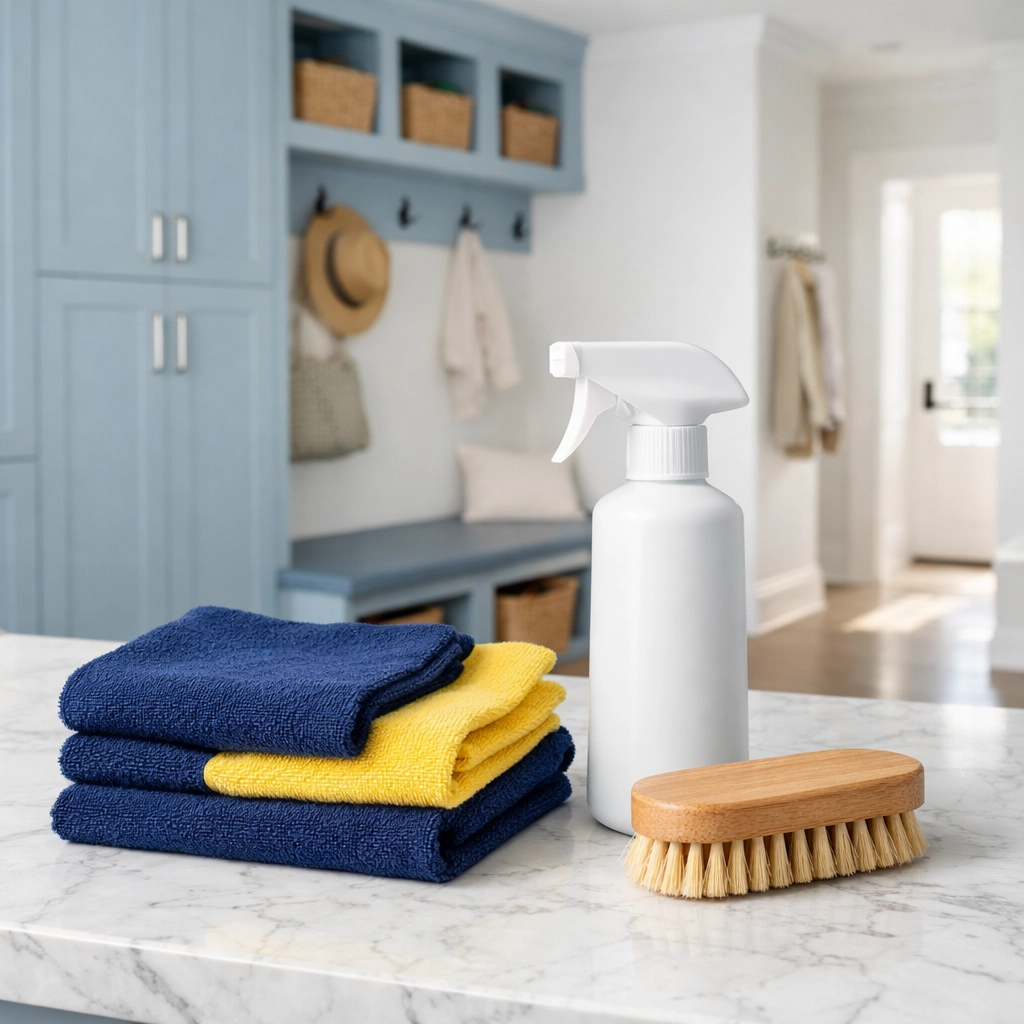 Professional cleaning supplies for a deep cleaning MA strike in a sunlit modern mudroom.