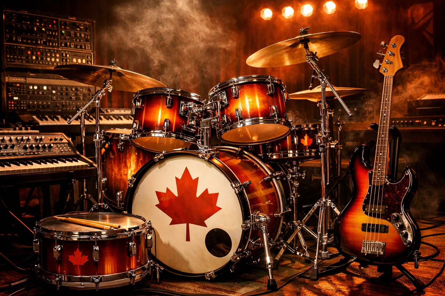 Rush 50th anniversary reunion drum kit and prog rock instruments on stage