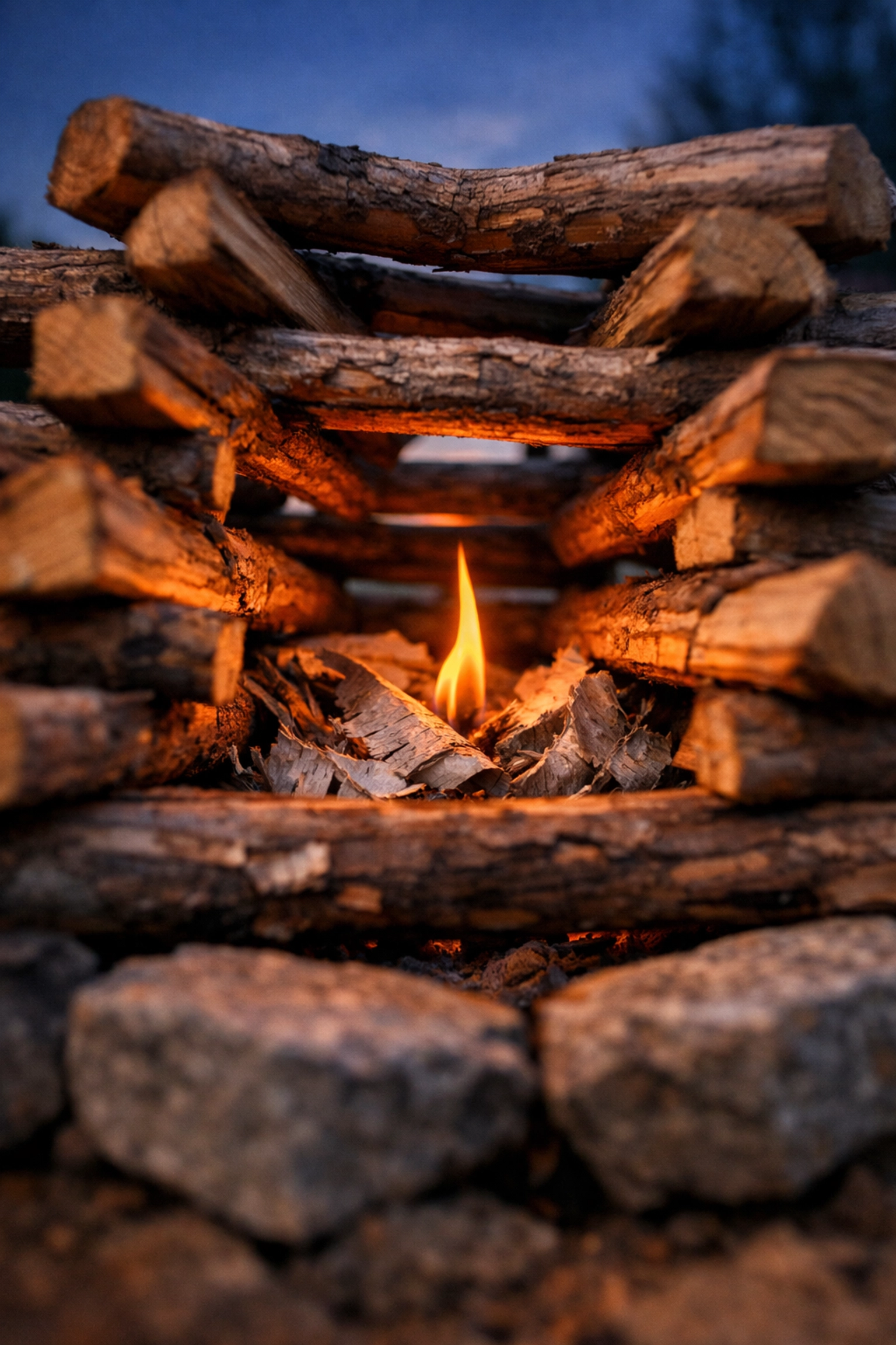 Log cabin fire structure with clear gaps for airflow, illustrating essential fire lighting skills.