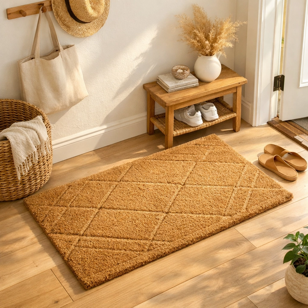 Natural coir welcome mat on wooden floor in bright entryway