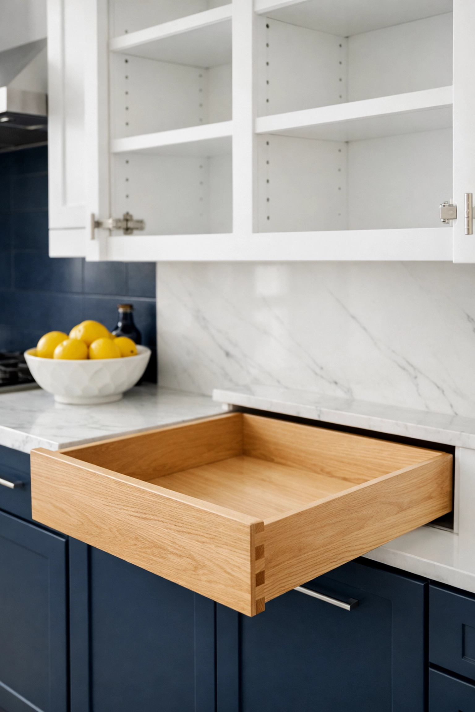 Professional move-out apartment cleaning in a Boston kitchen showing spotless open cabinets and drawers.