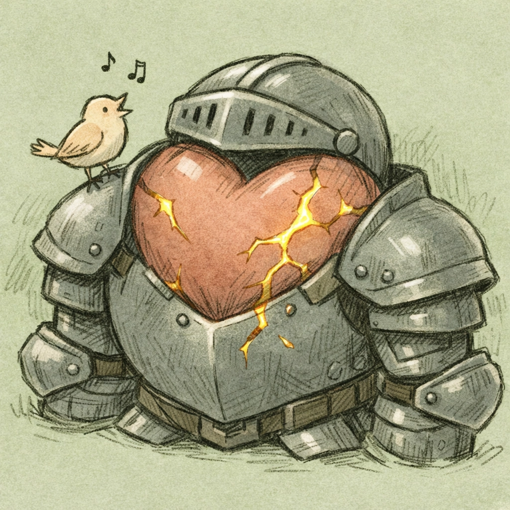 Illustration of a heart in armor showing cracks, symbolizing healing from trauma and depression.