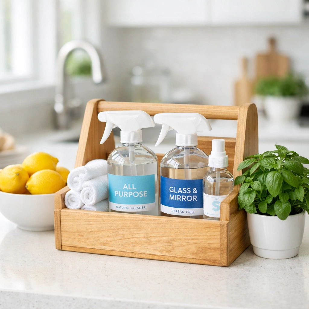 Eco-friendly non-toxic supplies used for weekly house cleaning in a Massachusetts home.