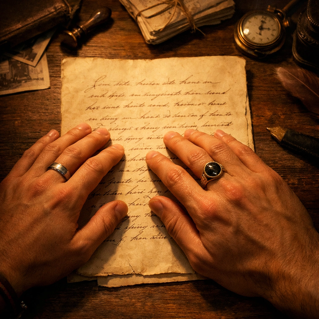 Masculine hands resting on an archival love letter, uncovering the hidden history of gay romance novels.
