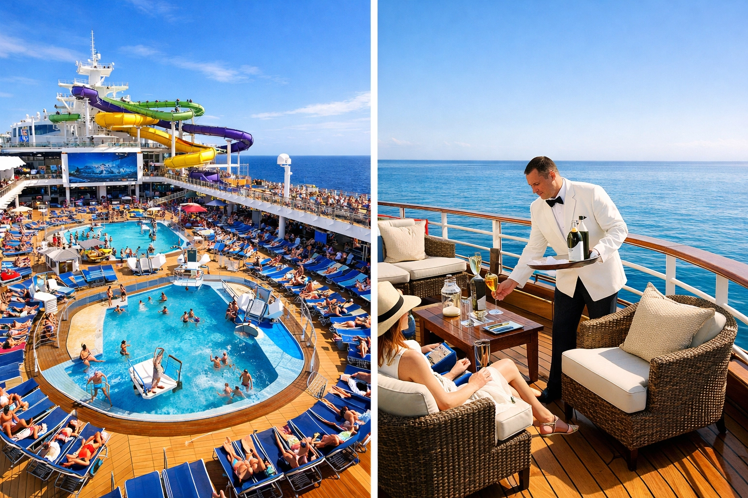 Comparison of mega cruise ship deck with pools and intimate luxury small ship deck
