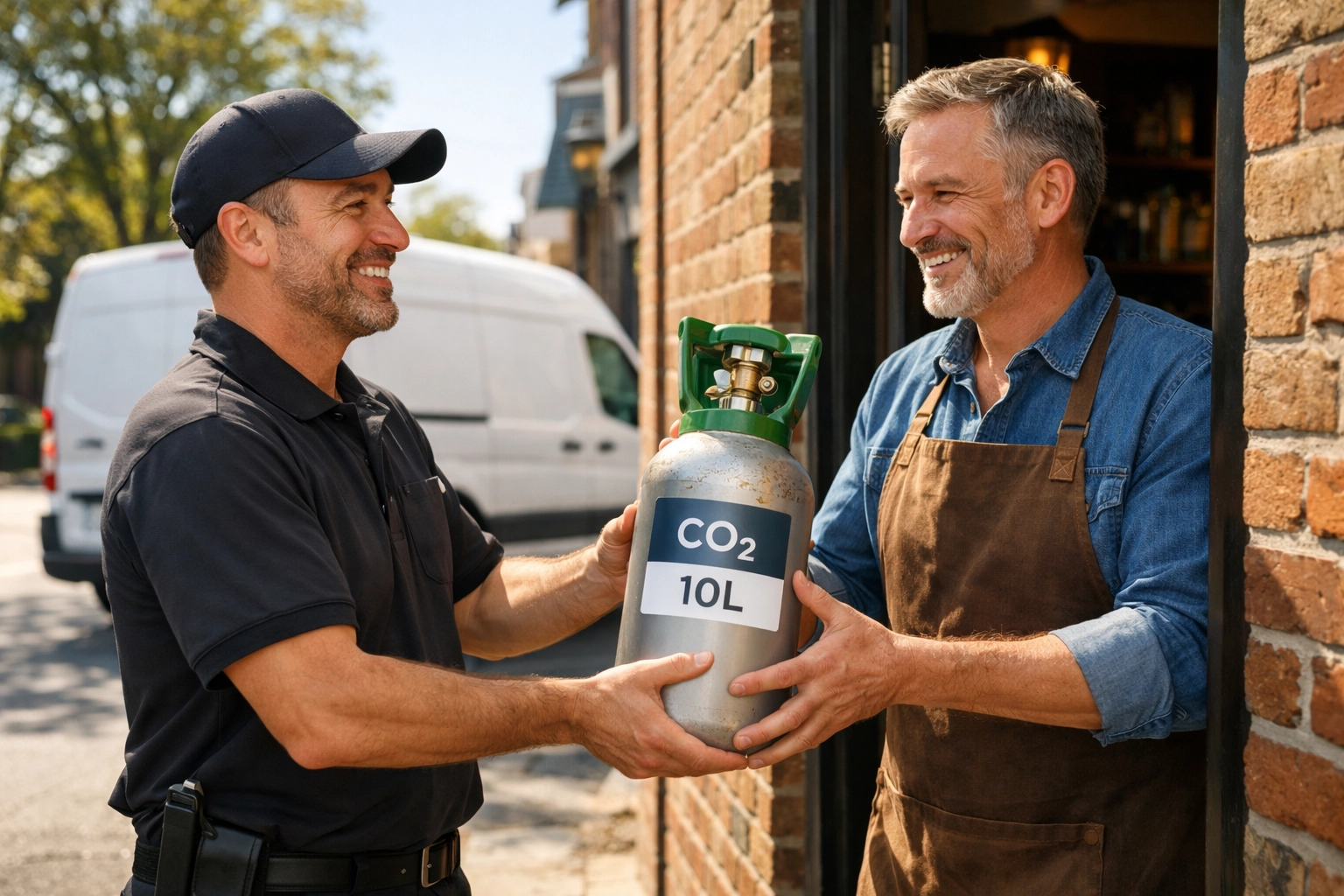 Delivery driver handing a 10L beer gas cylinder to a pub owner for reliable nationwide gas delivery.