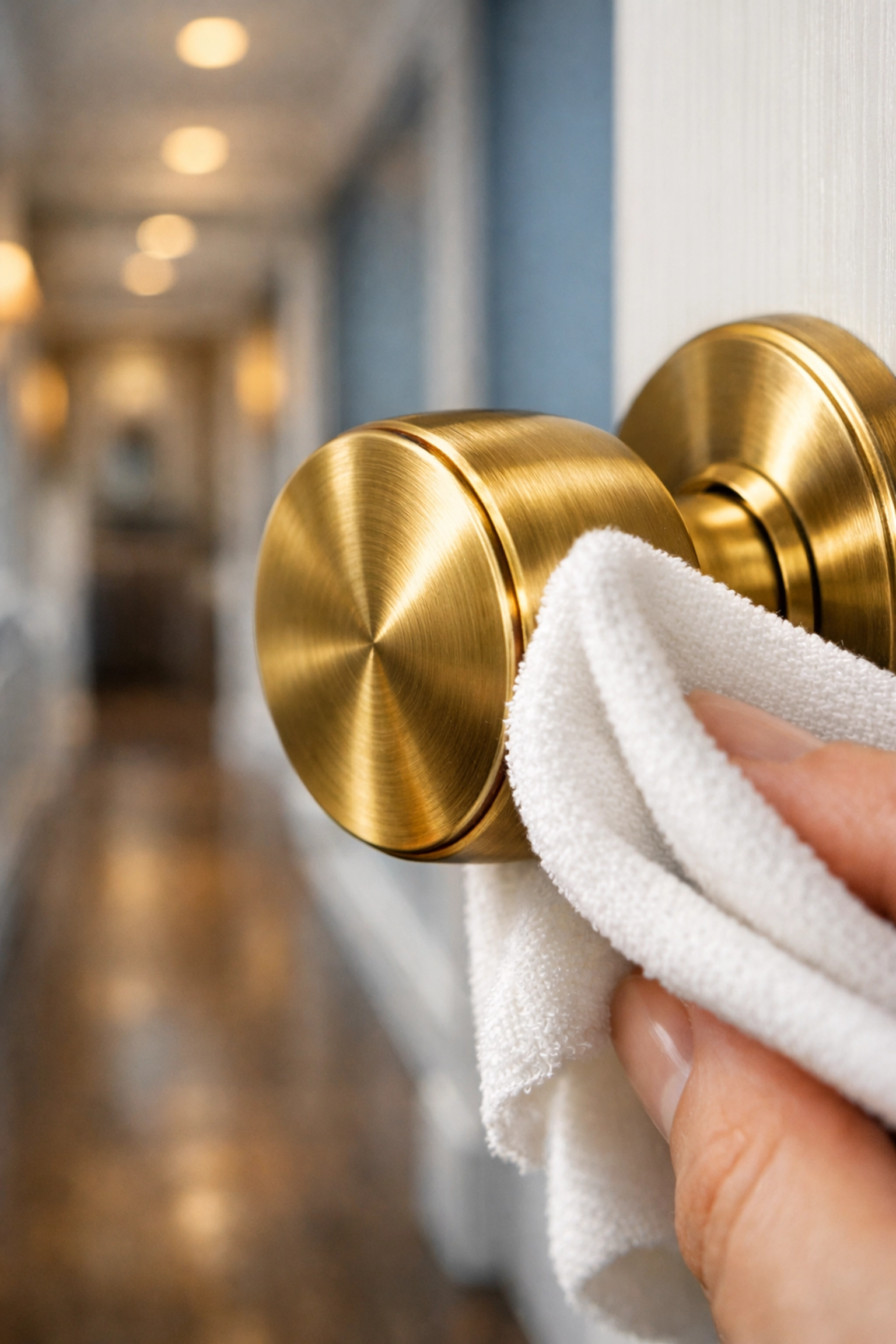 Deep cleaning high-touch brass doorknobs during a professional luxury Easton Home Cleaning session.