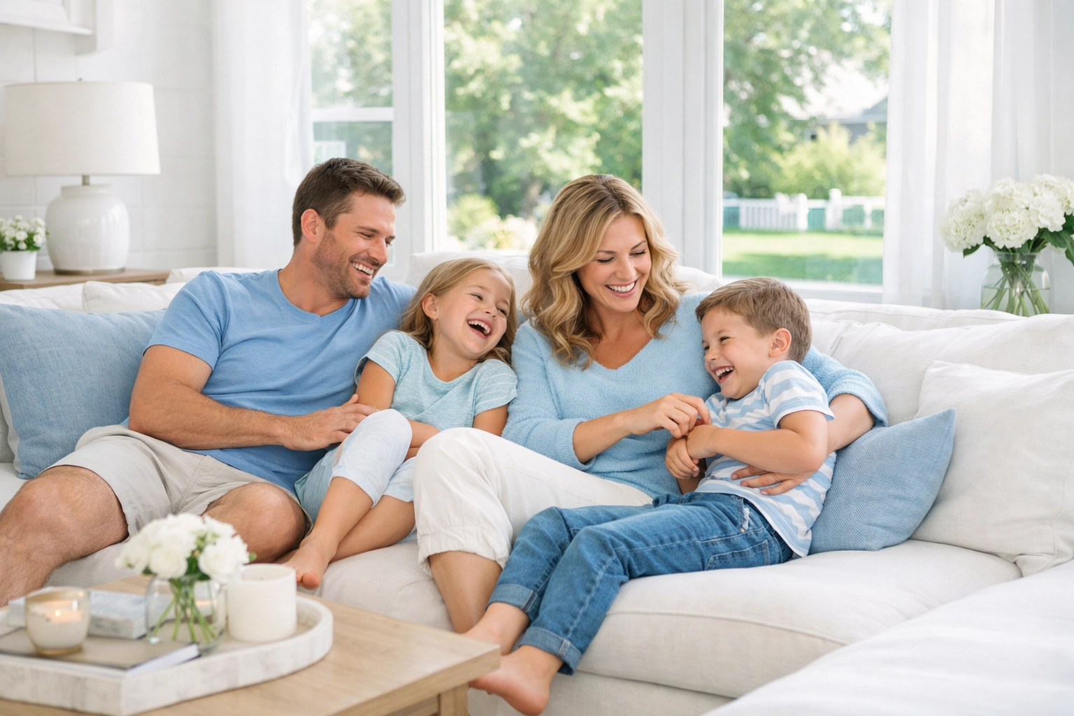 A happy Marlborough family relaxing in a clean home made possible by regular weekly house cleaning.