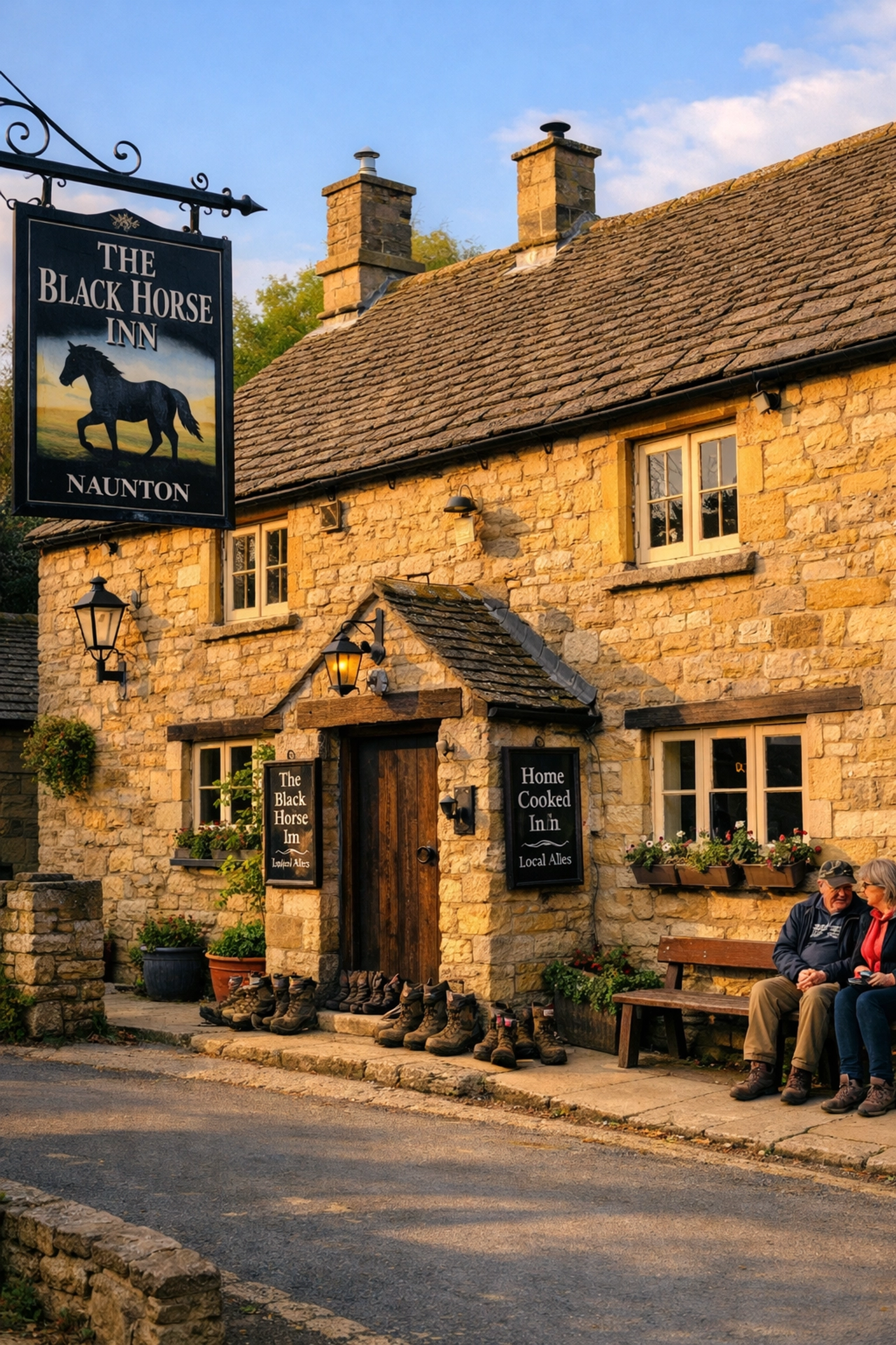 The traditional golden stone exterior of The Black Horse Inn, a cozy local pub in Naunton.