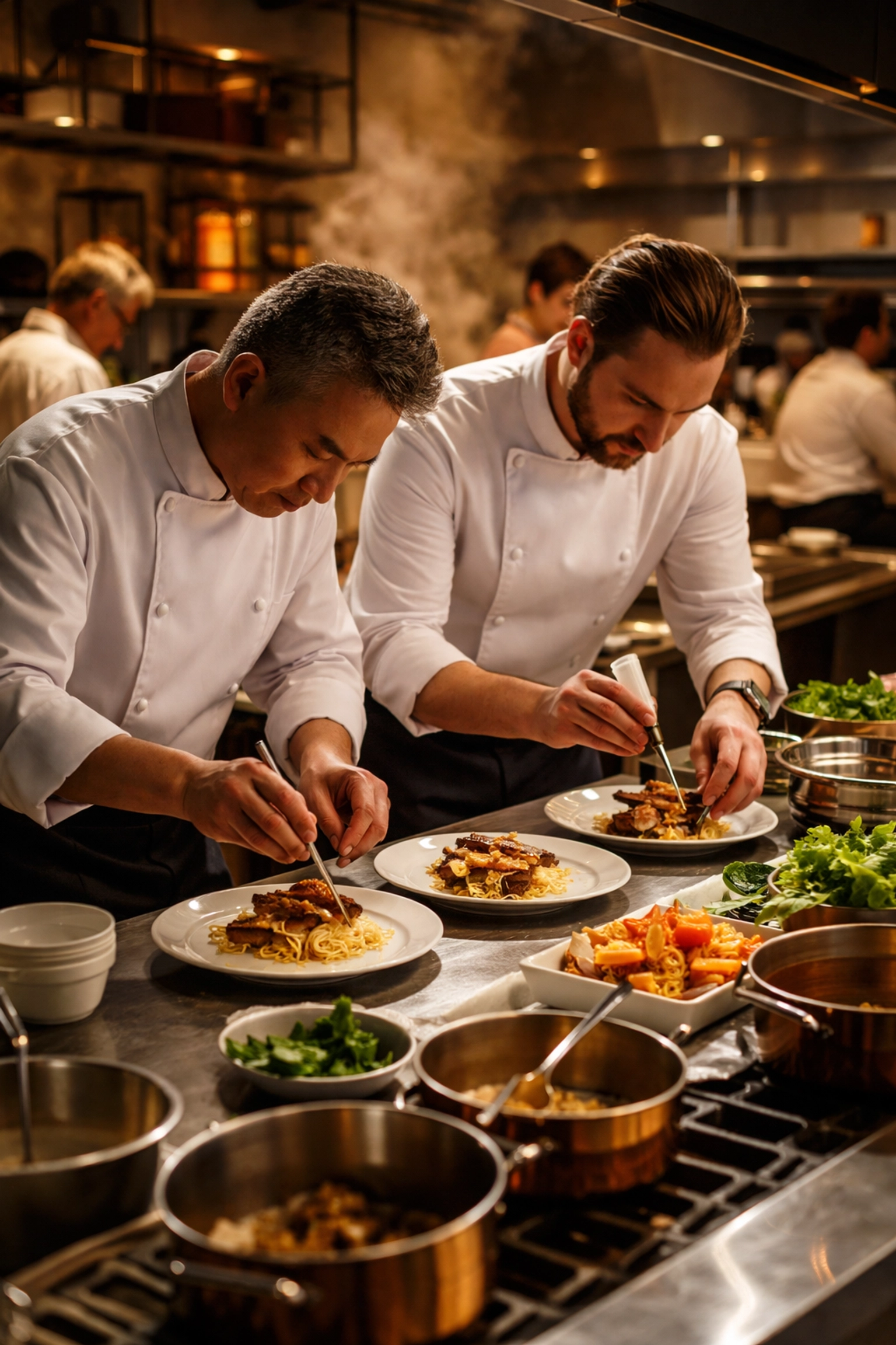 Chefs collaborate in a busy restaurant kitchen preparing Asian-inspired dishes for a Lunar New Year dinner event.