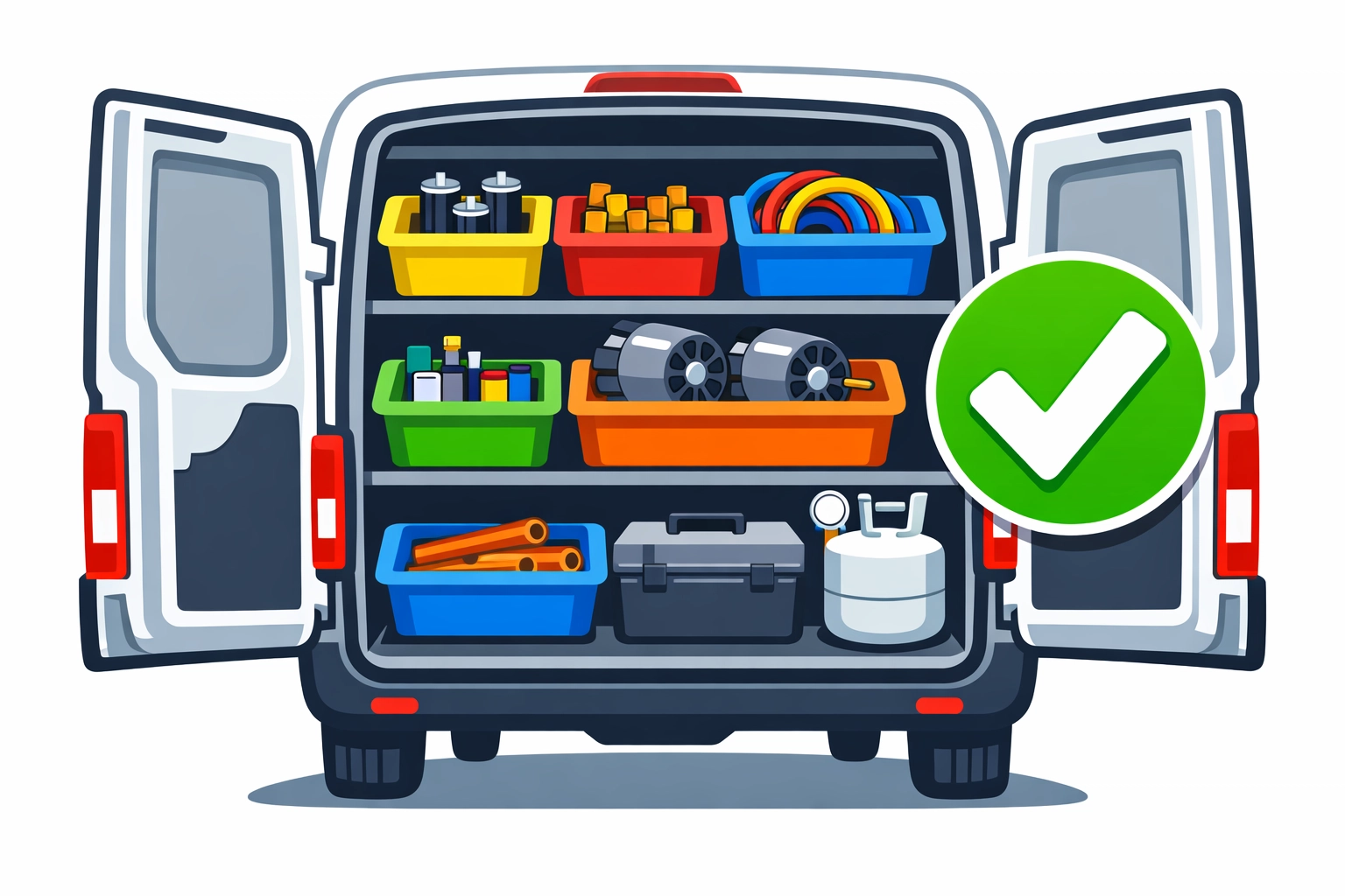 Organized HVAC service van interior with a checkmark showing parts are in stock for scheduled repairs.