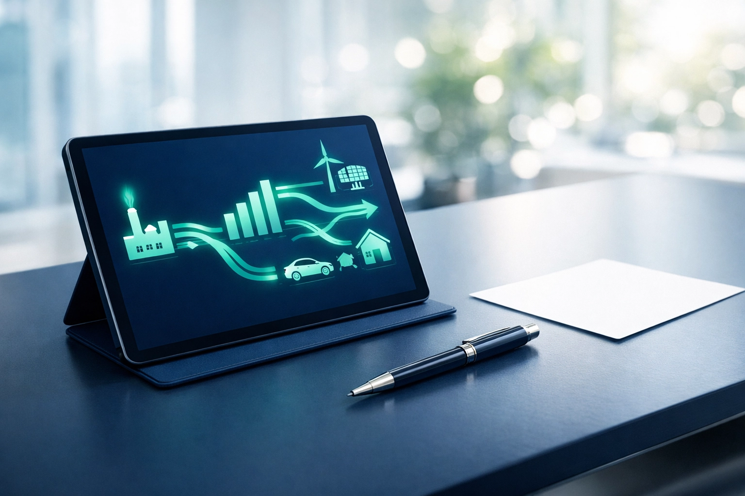 Modern office desk with a tablet displaying data needed to get accurate business gas quotes.