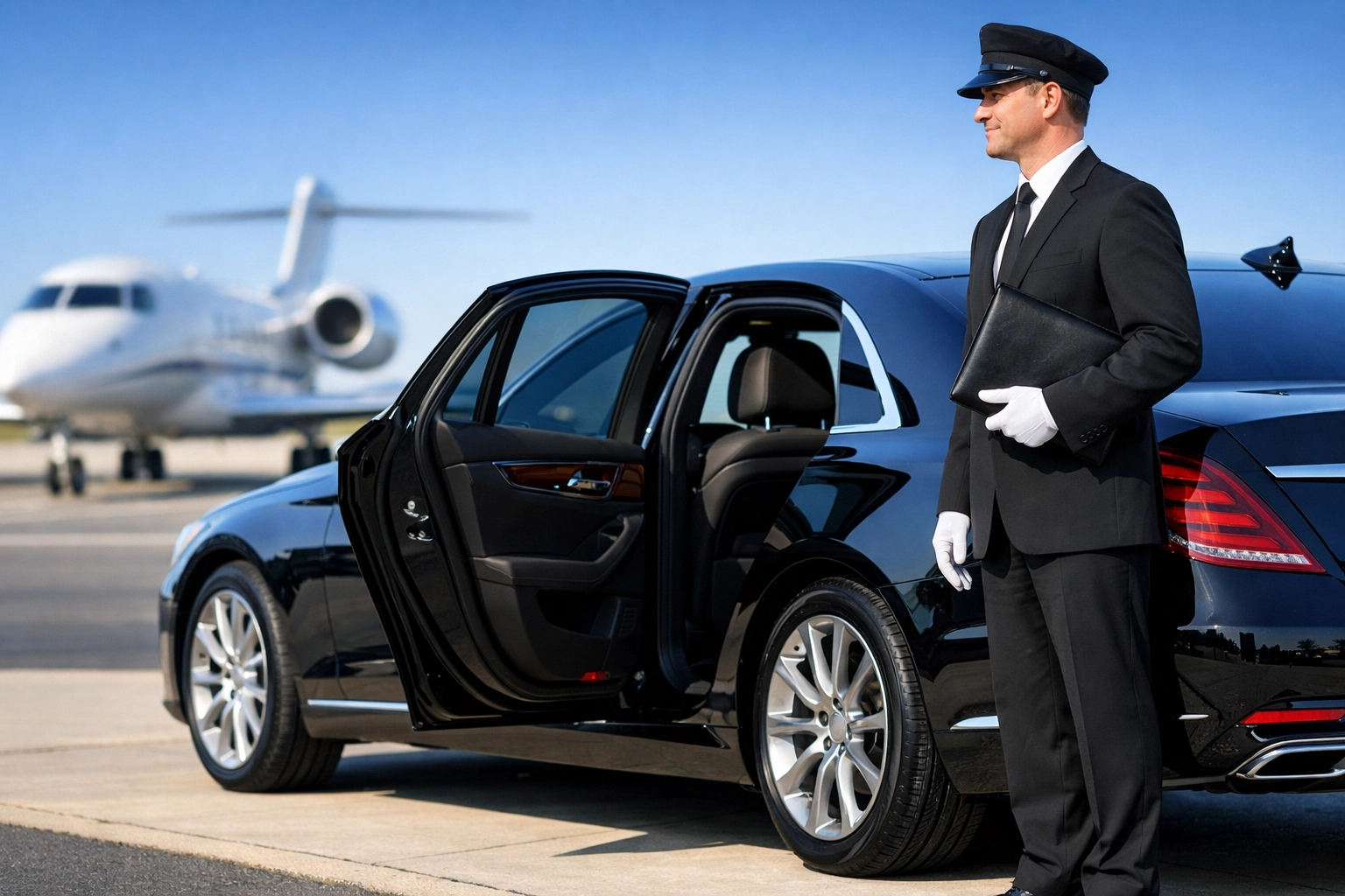 Looking for Super Bowl Logistics Tips? Here Are 10 Things You Should Know for a Smooth Executive Arrival Professional chauffeur and luxury sedan service at a private jet terminal for an executive Super Bowl arrival.