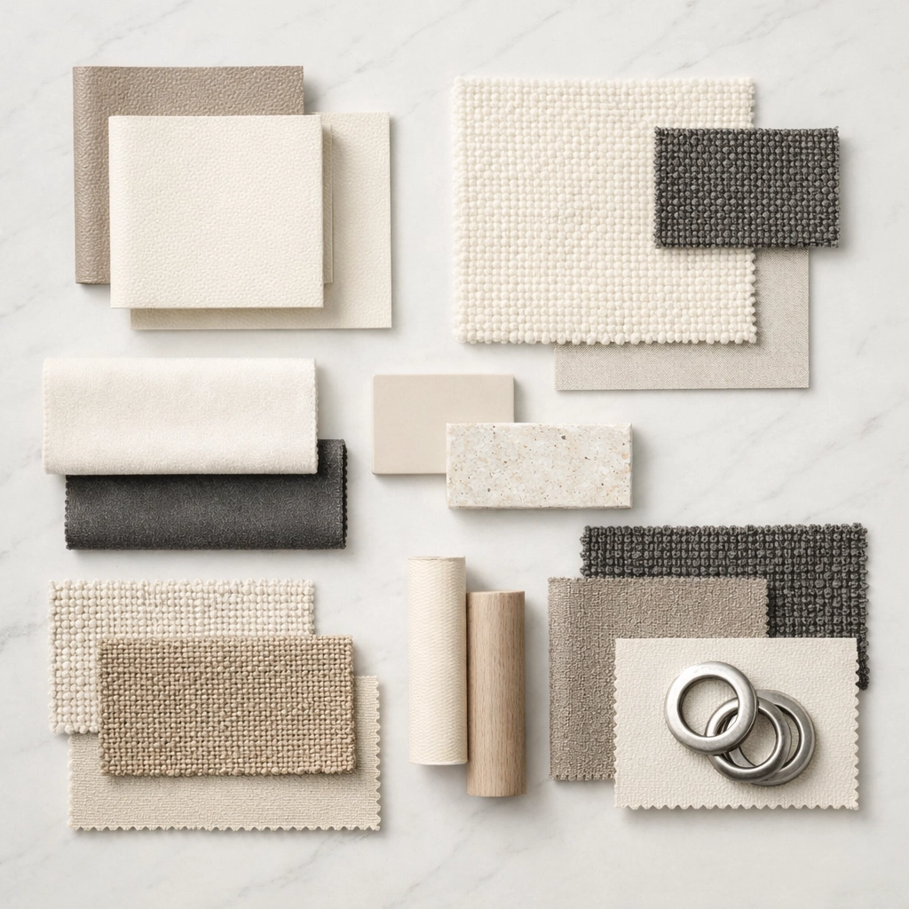 A selection of high-quality commercial upholstery swatches and fabric samples for restaurant furniture.