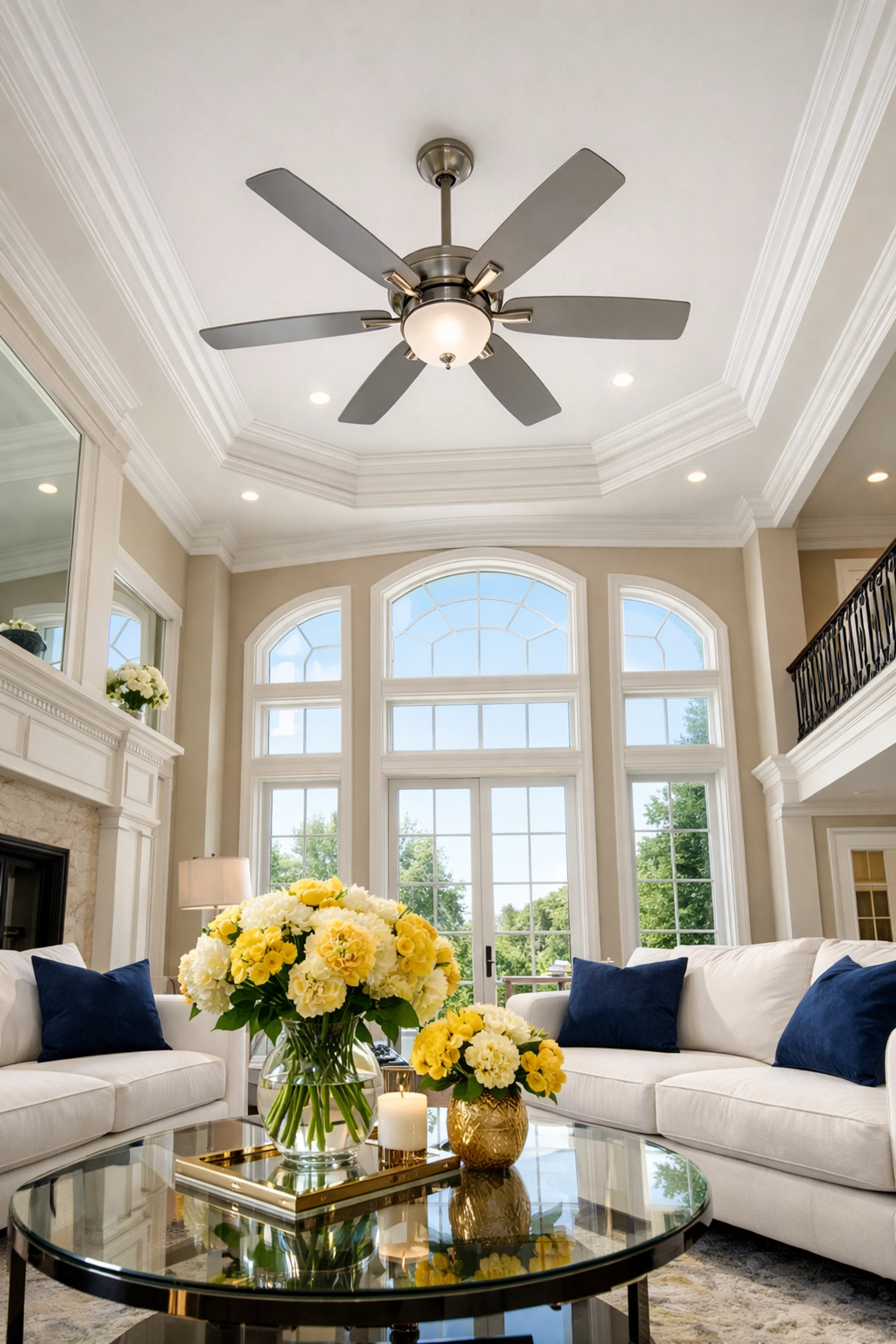 Bright Bolton living room showcasing deep cleaning secrets like a spotless ceiling fan and pristine white crown molding.