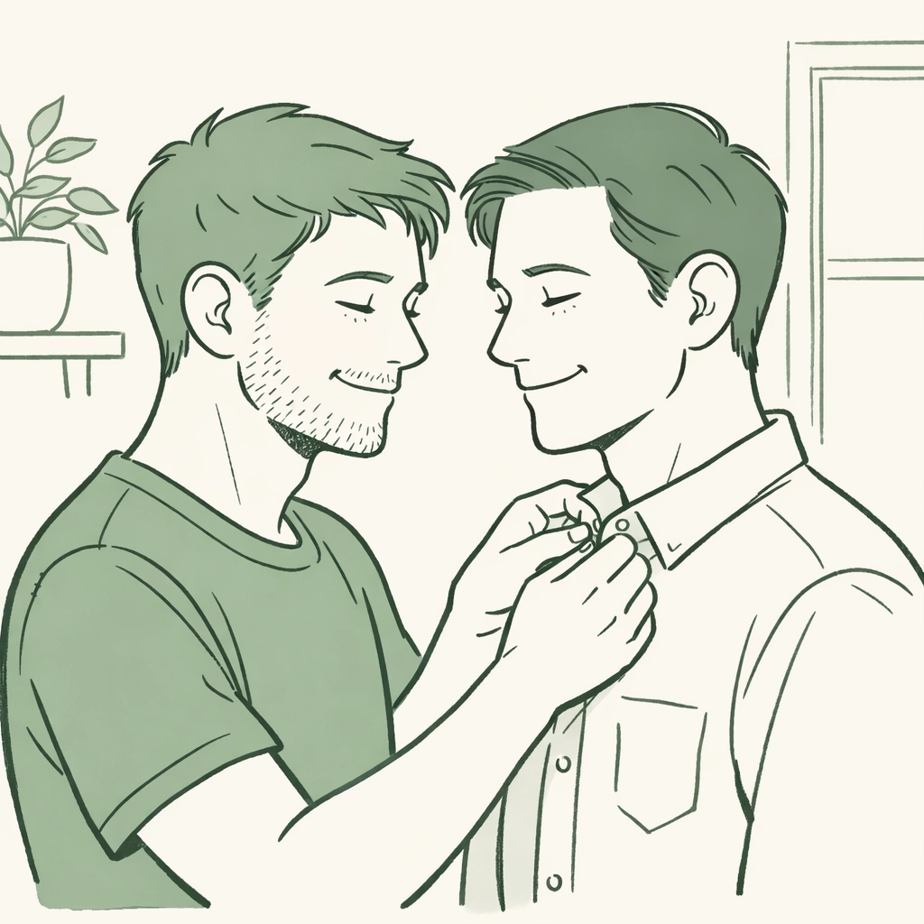 MM couple sharing a quiet moment of trans joy and gender affirmation, hand-drawn illustration.