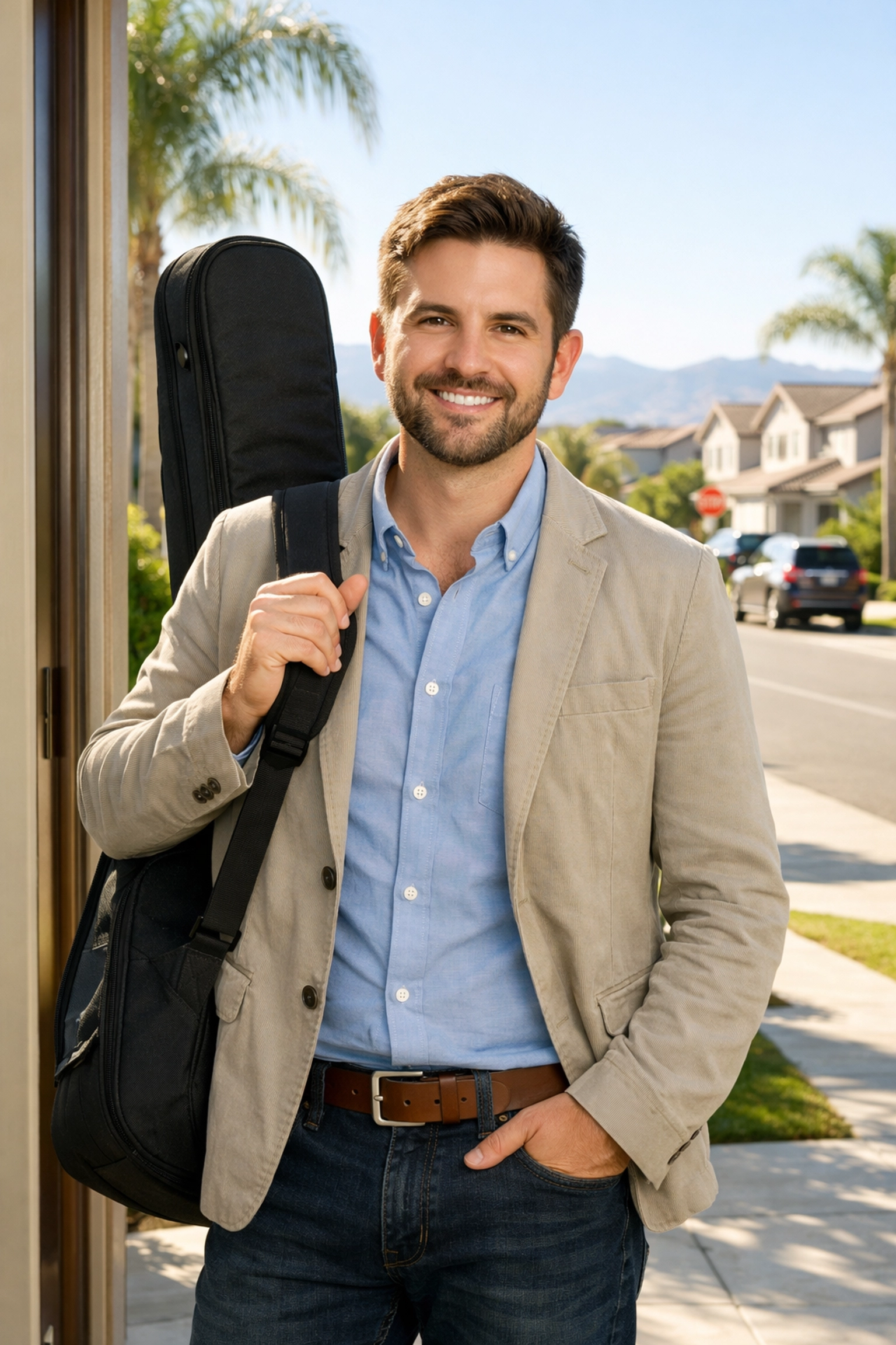 A professional, background-checked music teacher arrives at a home in Corona for private guitar lessons.