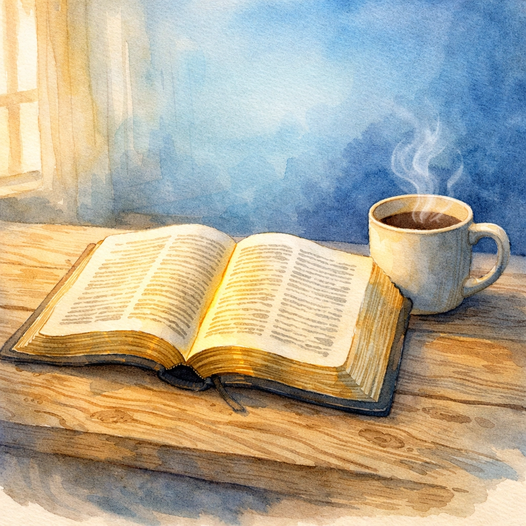 Open Bible on wooden table with morning light showing intentional daily spiritual practice