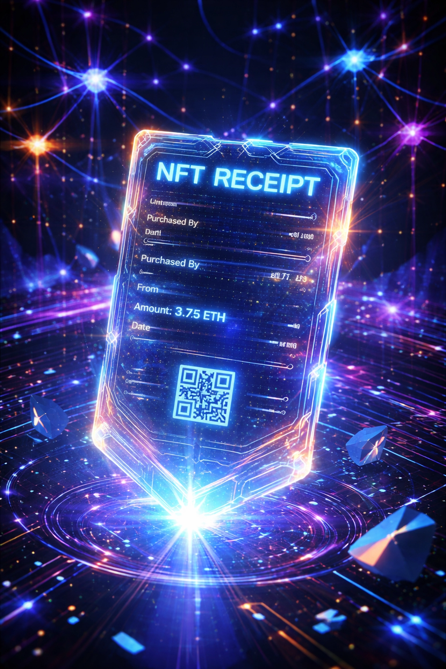 Glowing digital NFT receipt in a virtual space representing blockchain receipts for metaverse shopping and LUSD transactions