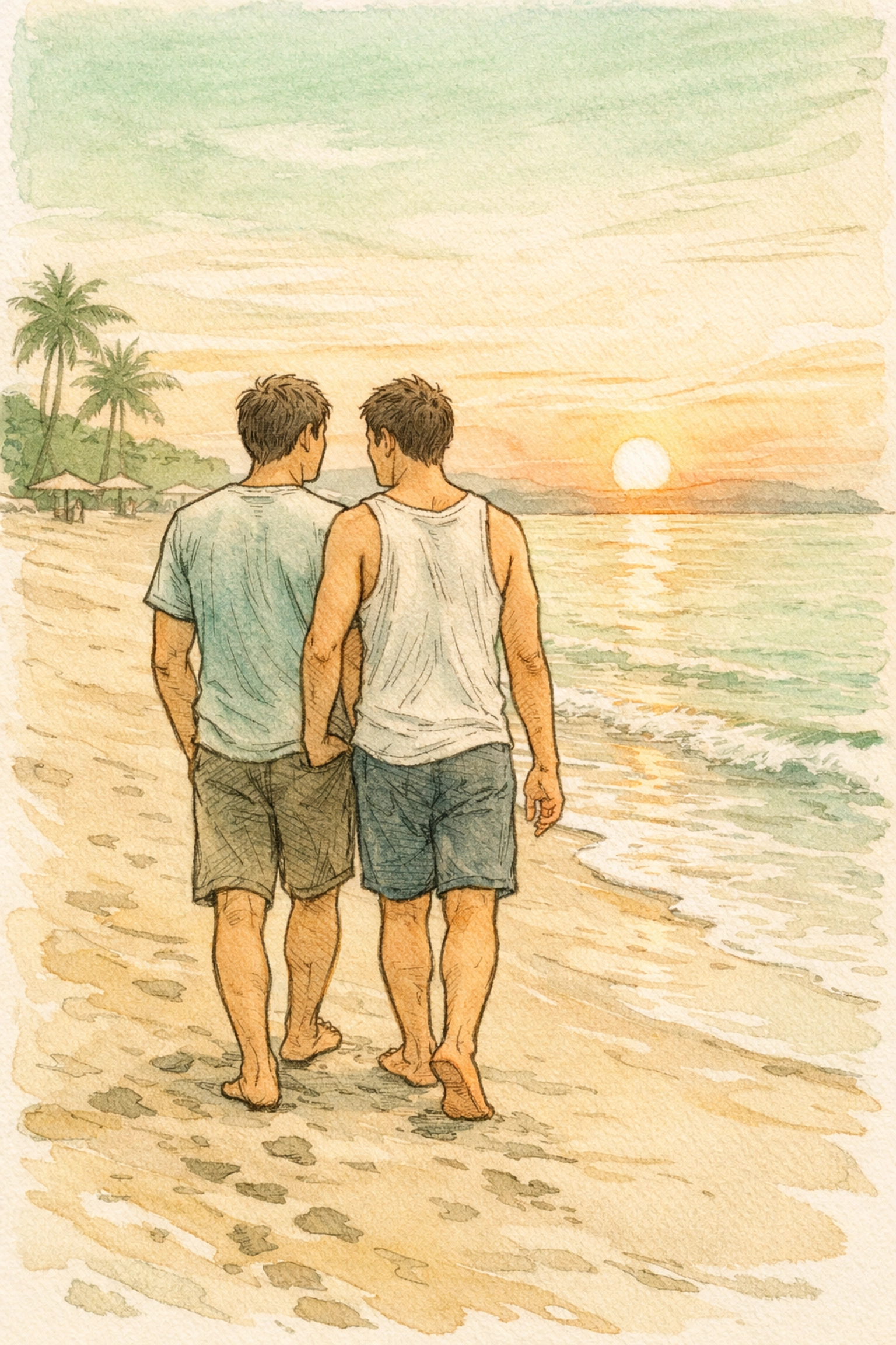 Gay couple walking on Seminyak beach at sunrise, celebrating body acceptance and freedom