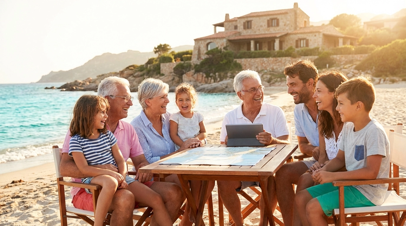 Family enjoying beach holiday in Sardinia with villa in background