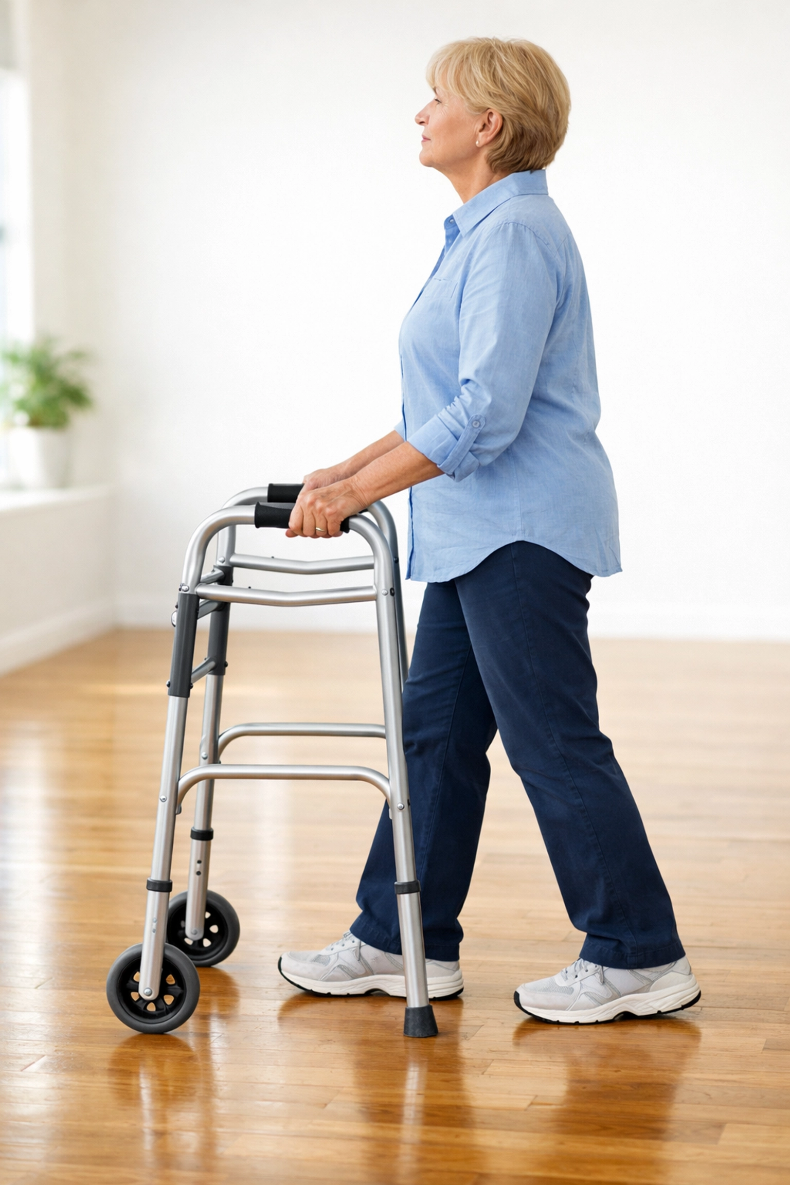 Proper walking form with a two-wheeled walker showing upright posture and feet inside the frame.