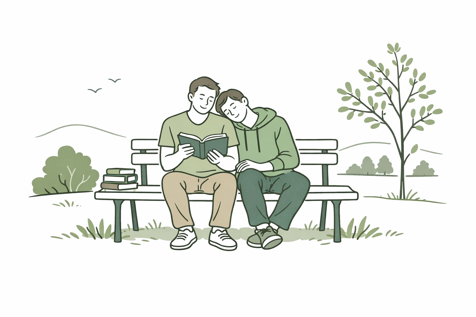 Two men reading an MM romance book together, symbolizing growth and authenticity in late-life queer fiction.