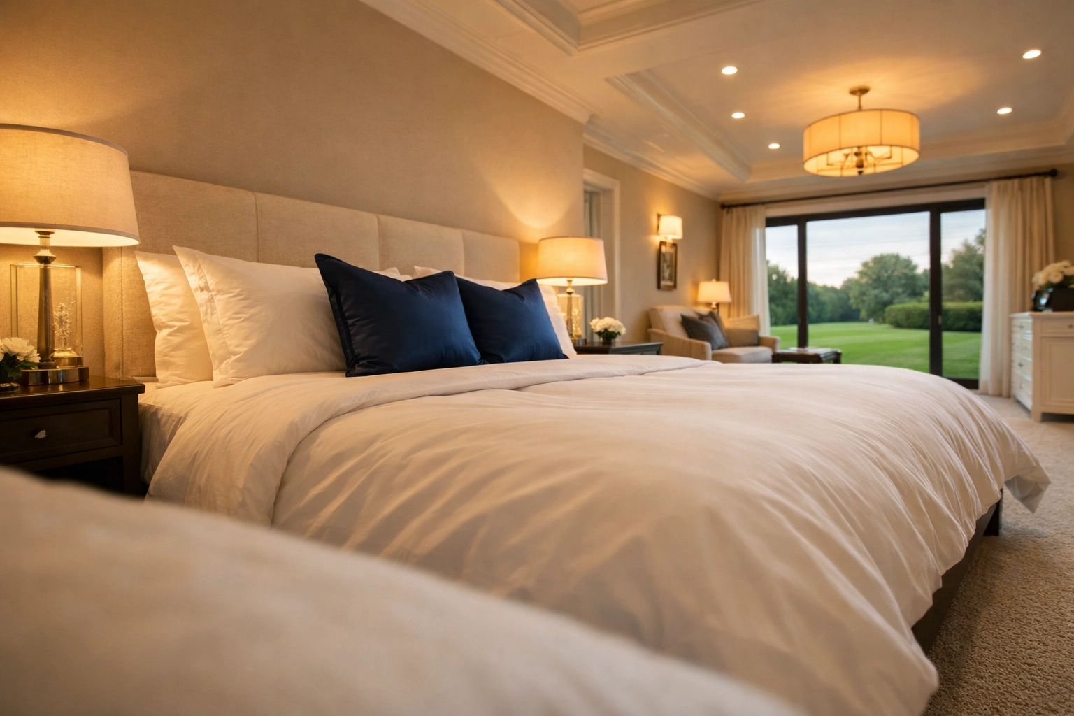 Serene primary bedroom suite in Weston MA featuring professional luxury home organization and cleaning.