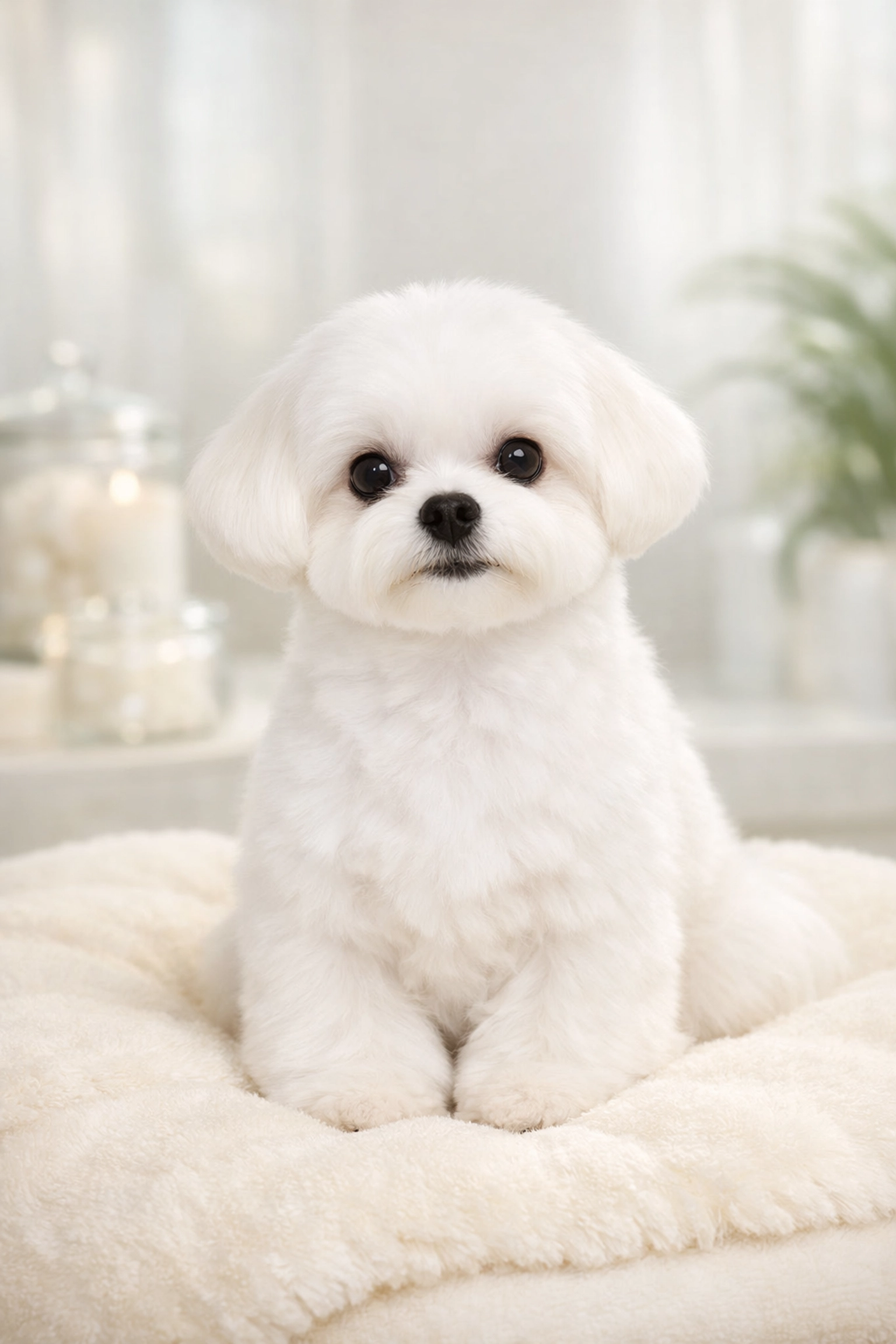 A perfectly groomed white dog after a luxury session at Spoil Me Dog Spa, the top dog groomers in South Tampa.