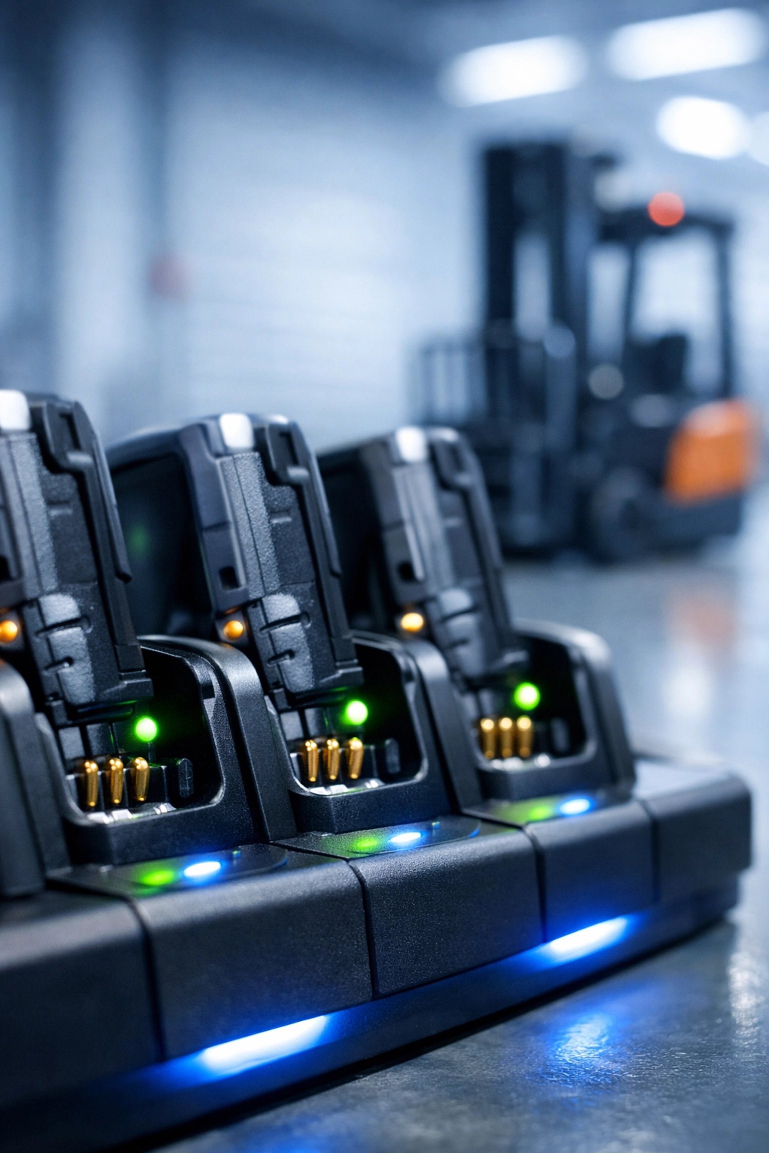 Calibrated handheld scanners in charging stations ensuring high-tech fulfillment center service readiness.