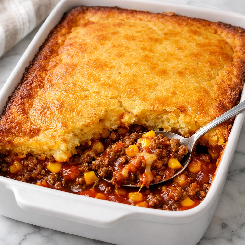 Golden tamale casserole with cornbread crust, one of our favorite easy family meals with 5 ingredients.