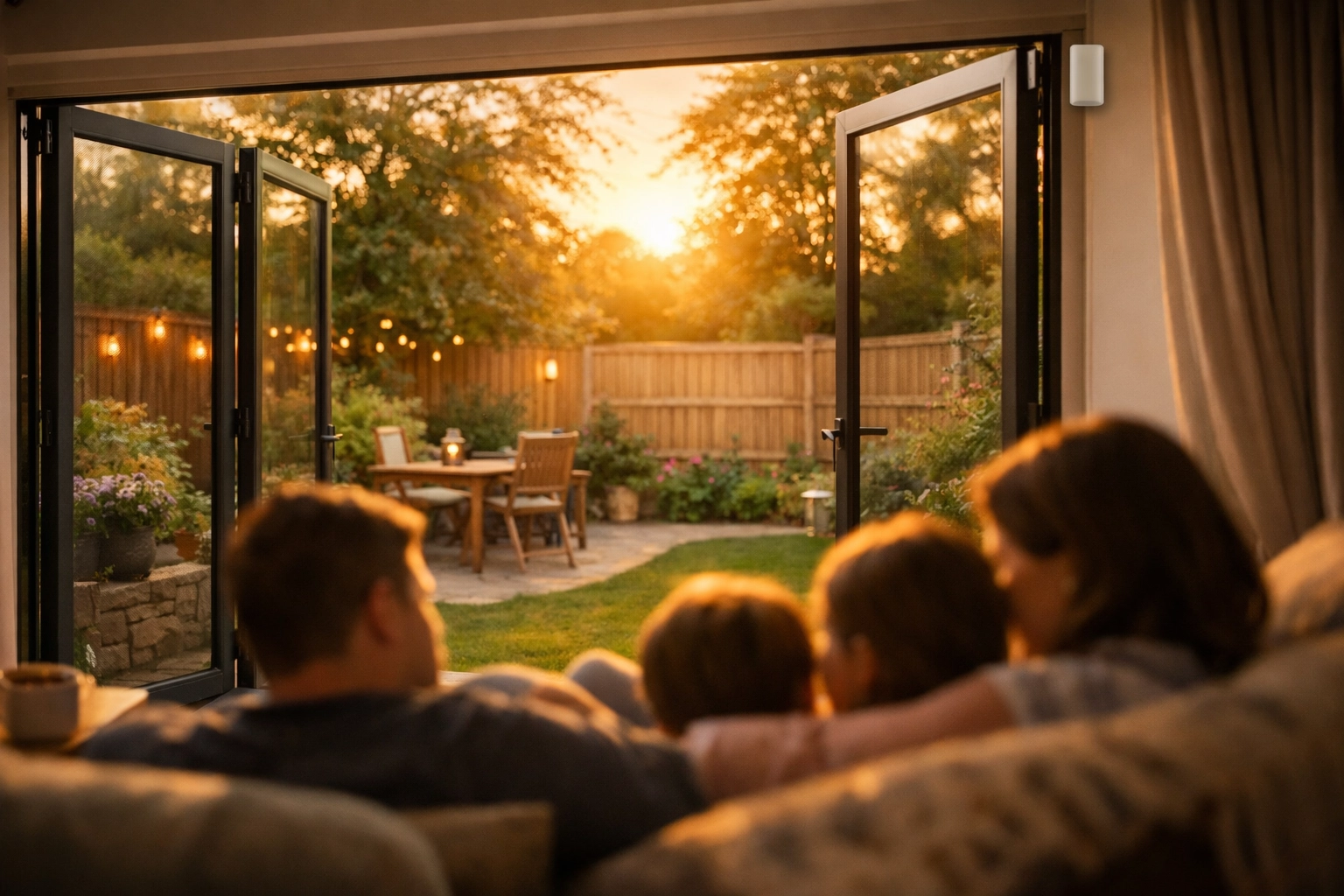 Discreet security alarm sensor installed in a modern Slough home to protect the family and garden entrance.