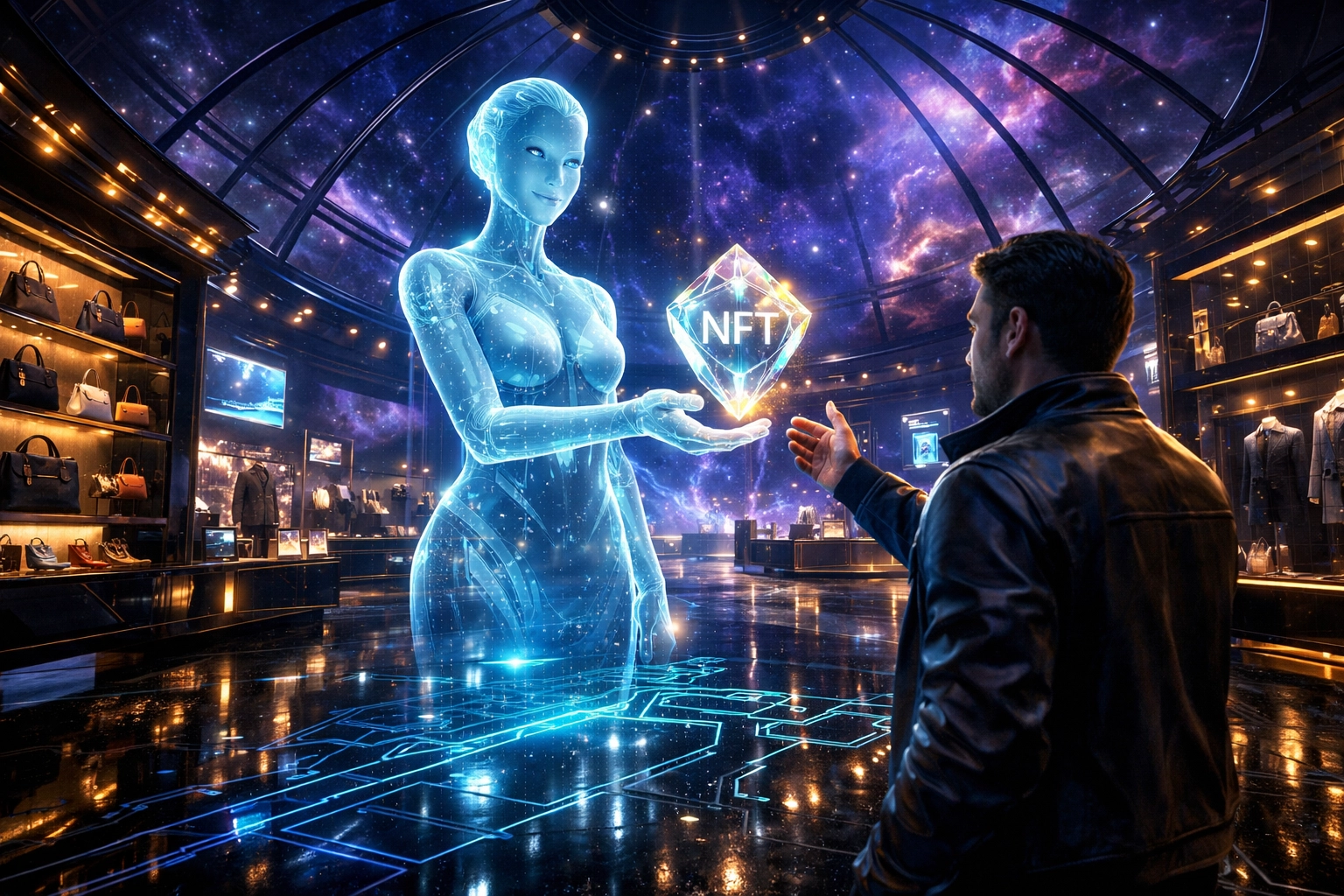 An AI holographic assistant in a metaverse store providing an NFT receipt for a crypto transaction.