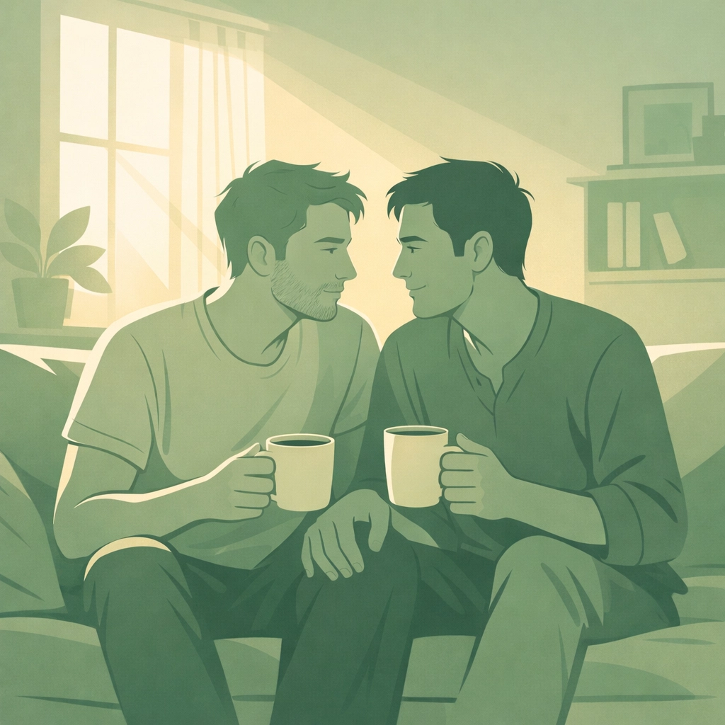 Gay couple having morning coffee conversation at home - long-term MM relationship communication