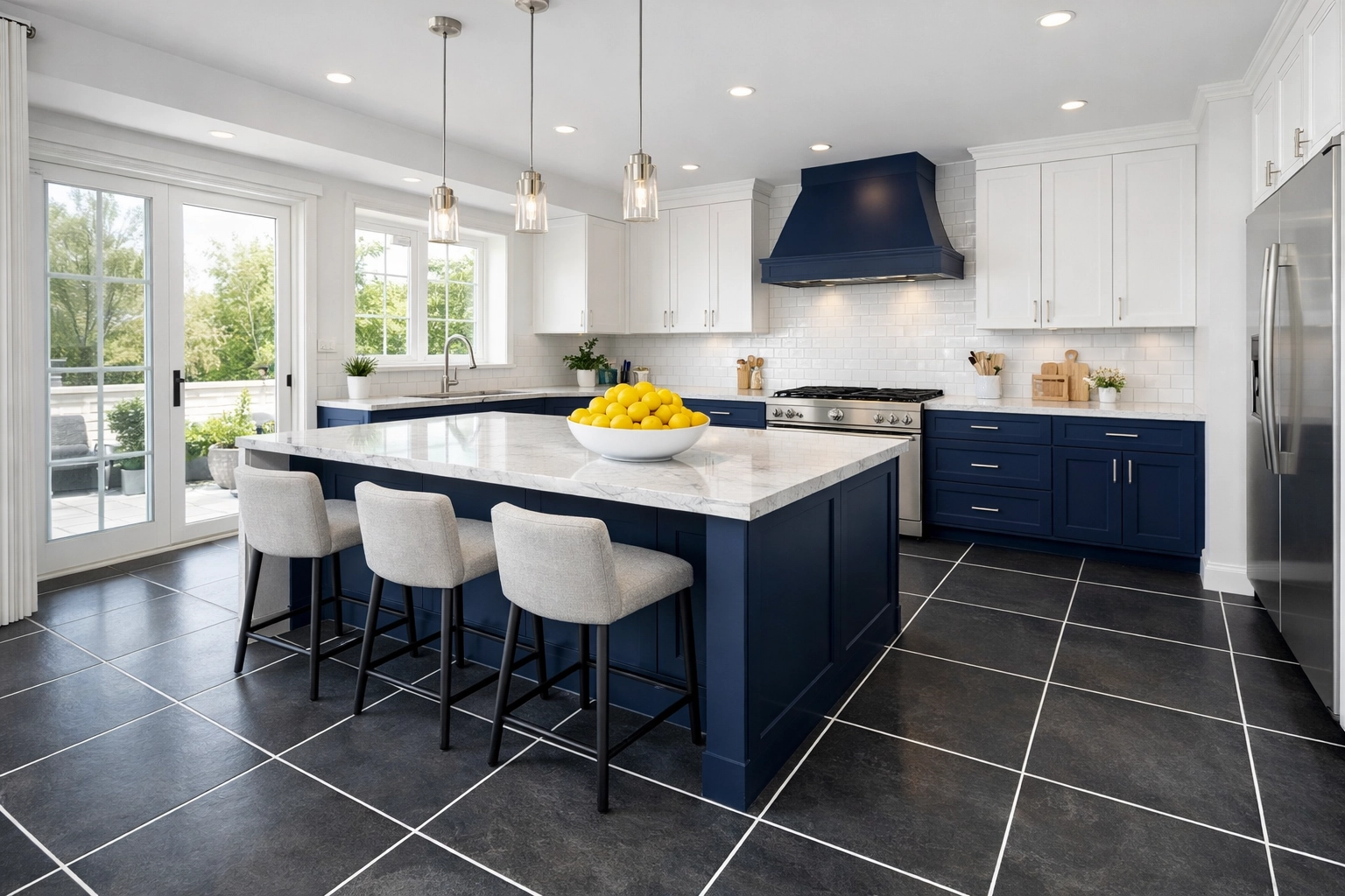 Modern kitchen with large slate floor tiles and perfectly clean, bright grout lines.