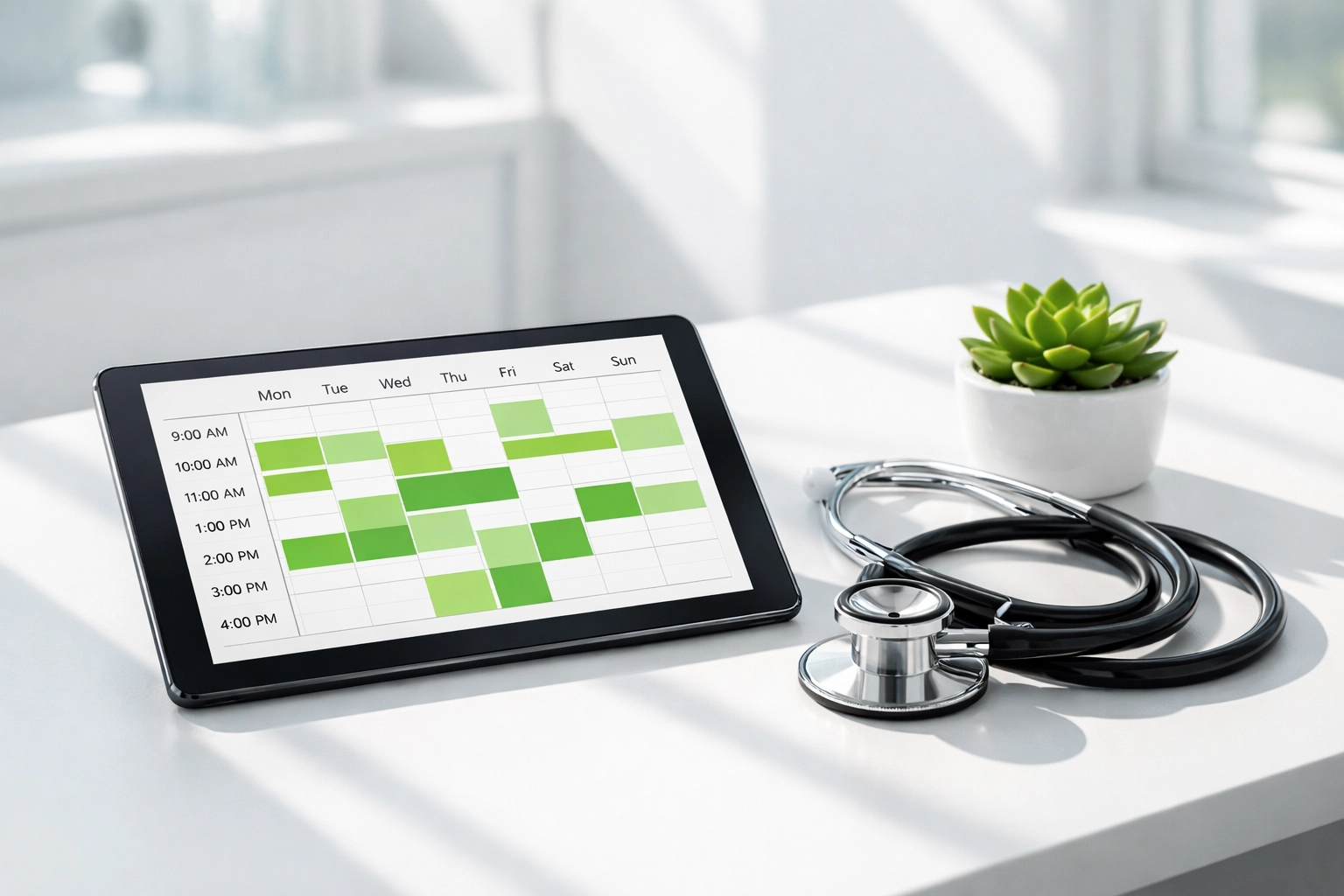 Tablet displaying a clinic online booking system and digital appointment calendar in a sunlit office.