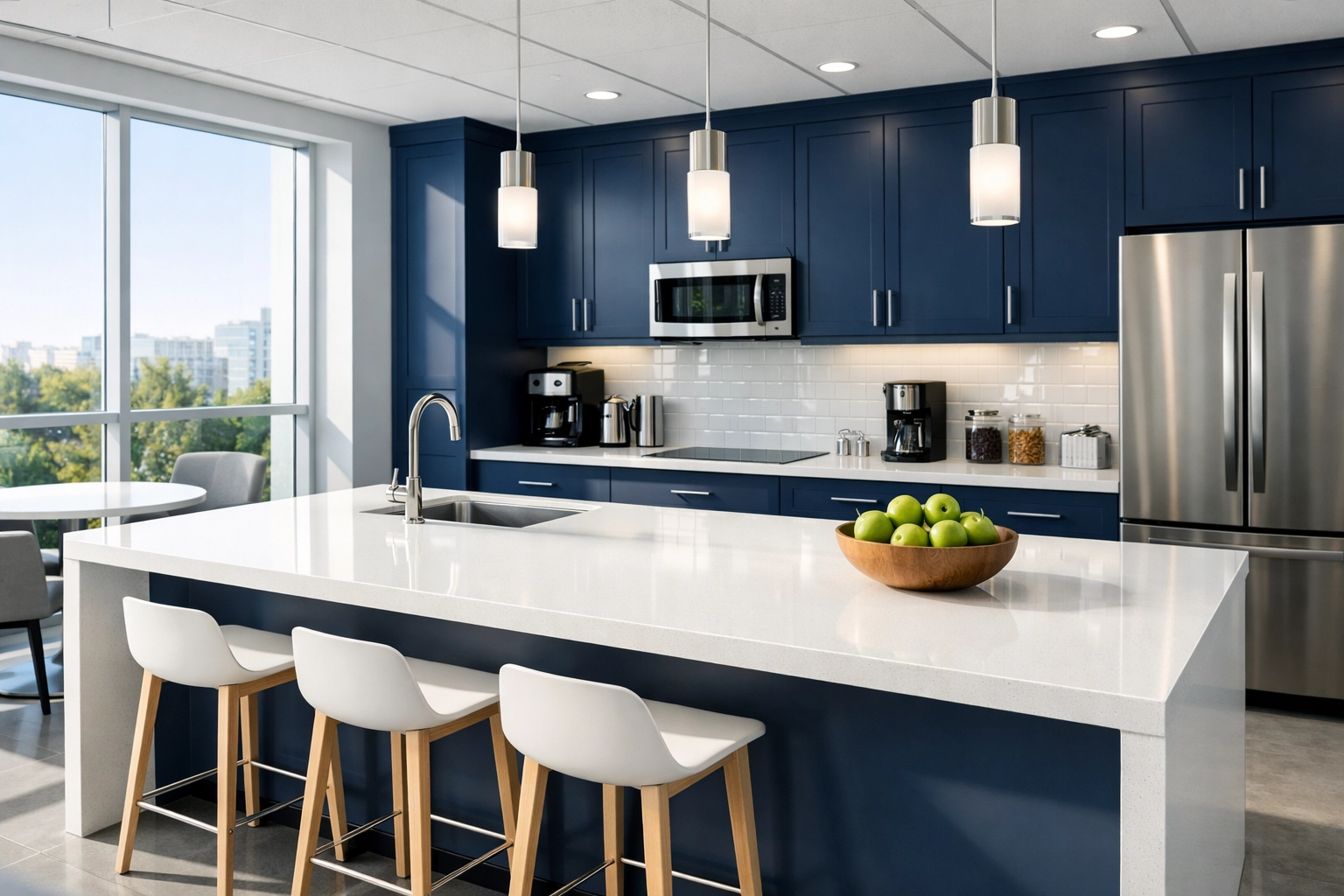 Spotless modern office kitchen with clean white countertops, reflecting high-quality janitorial maintenance.
