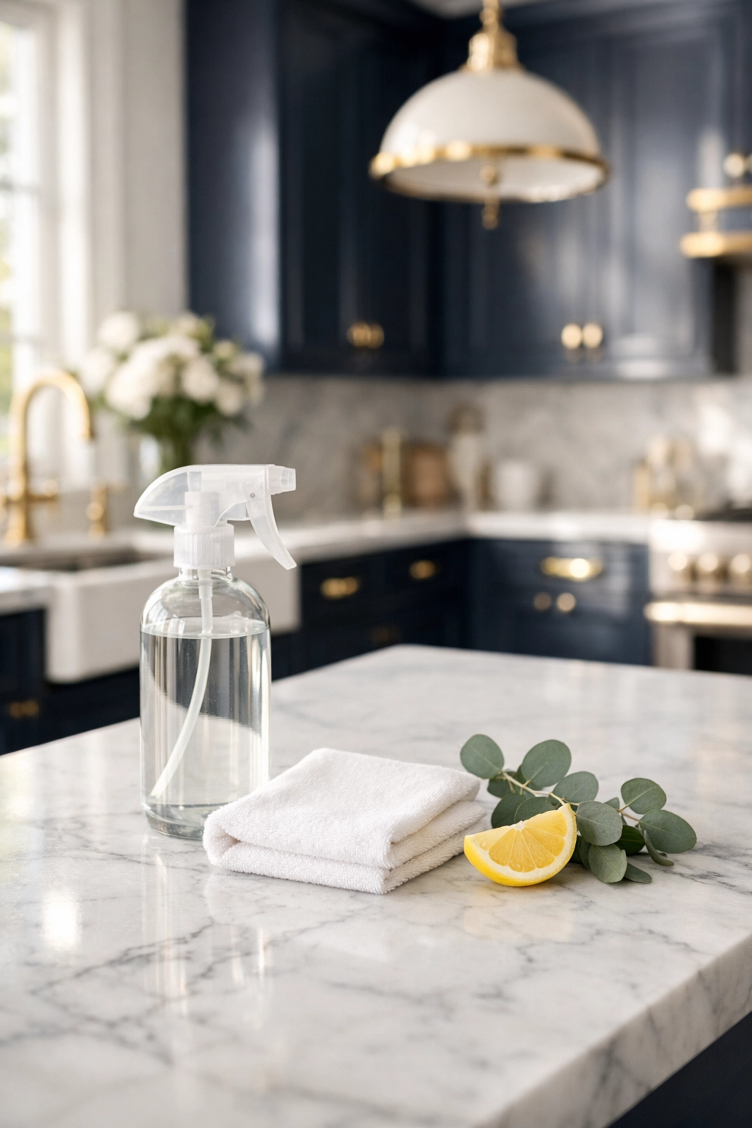 Eco-friendly cleaning supplies and a microfiber cloth on a marble island in a luxury Dover estate kitchen.