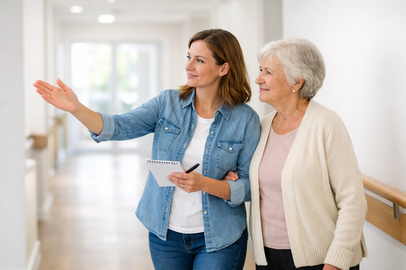 Caregiver and senior mother using a notepad for a home safety walkthrough to check for trip hazards.