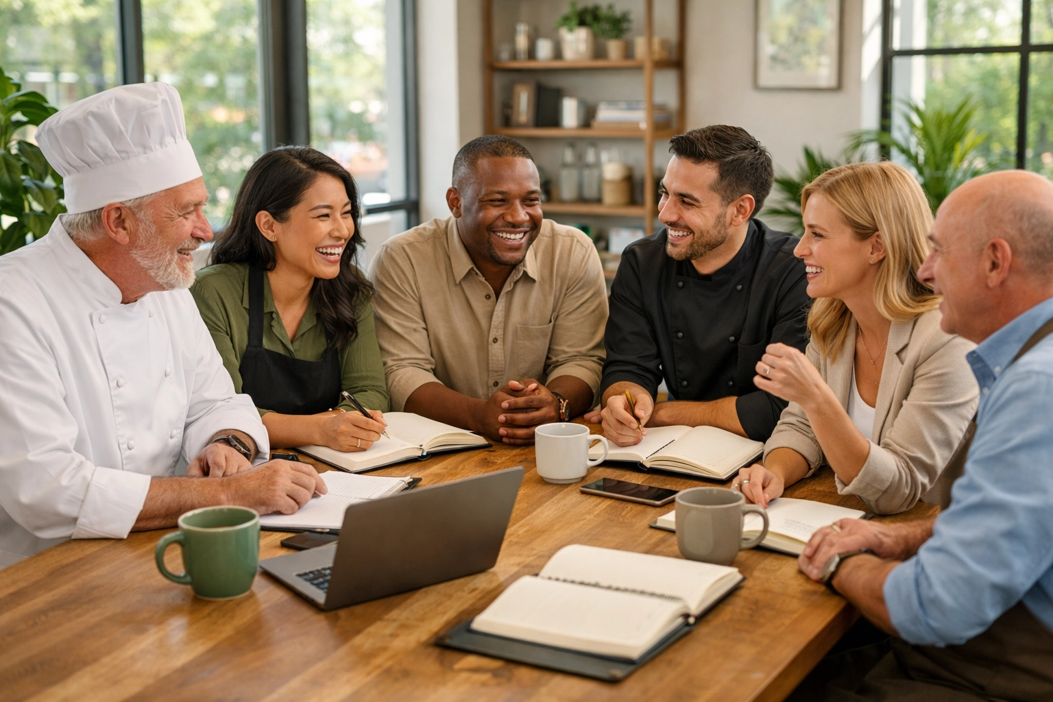 Restaurant leadership team collaborating in training session for multi-unit culture building