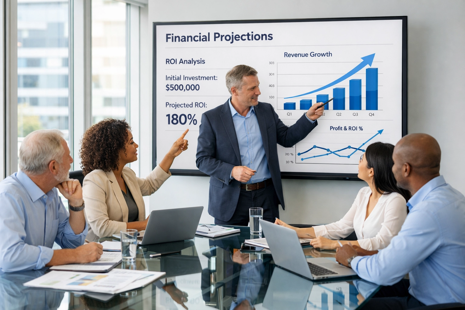 ServiceNow implementation team reviewing ROI projections and audit findings in strategy session