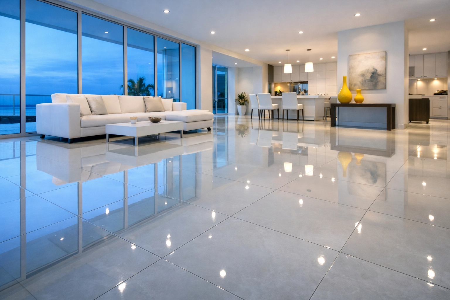Polished ceramic tile floor in a modern living room showing professional house cleaning results.