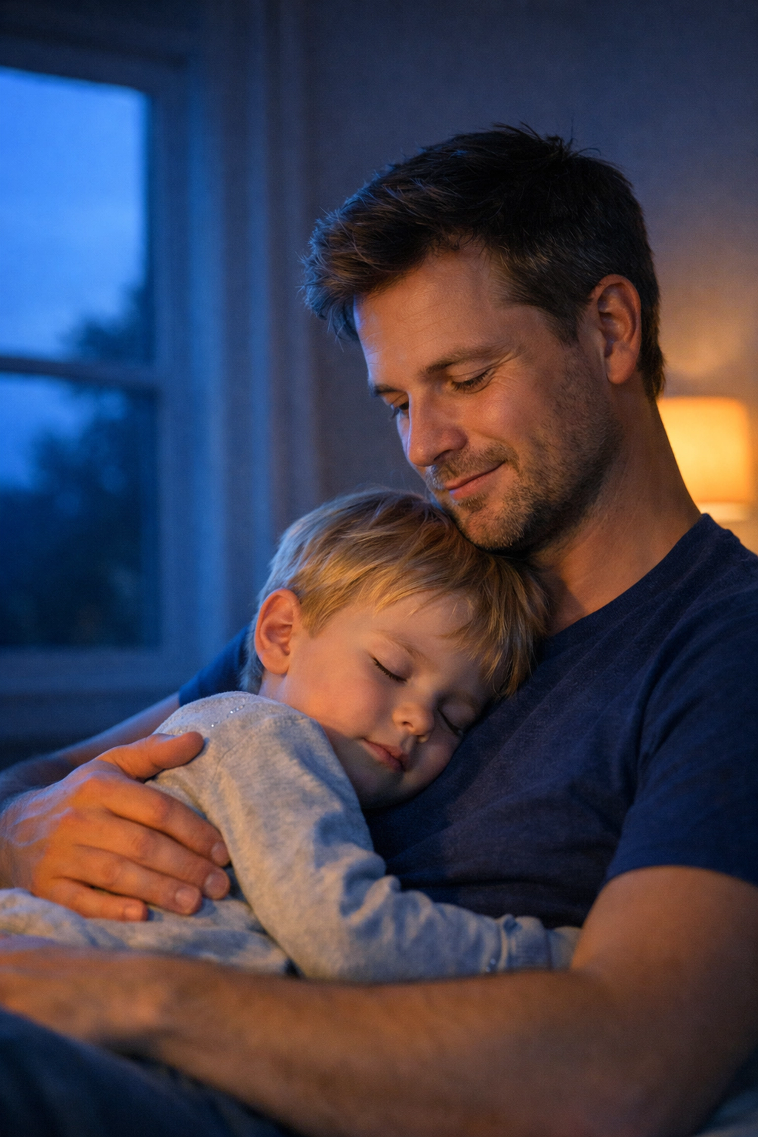 A father and child in a tender moment, representing family security and life insurance protection.