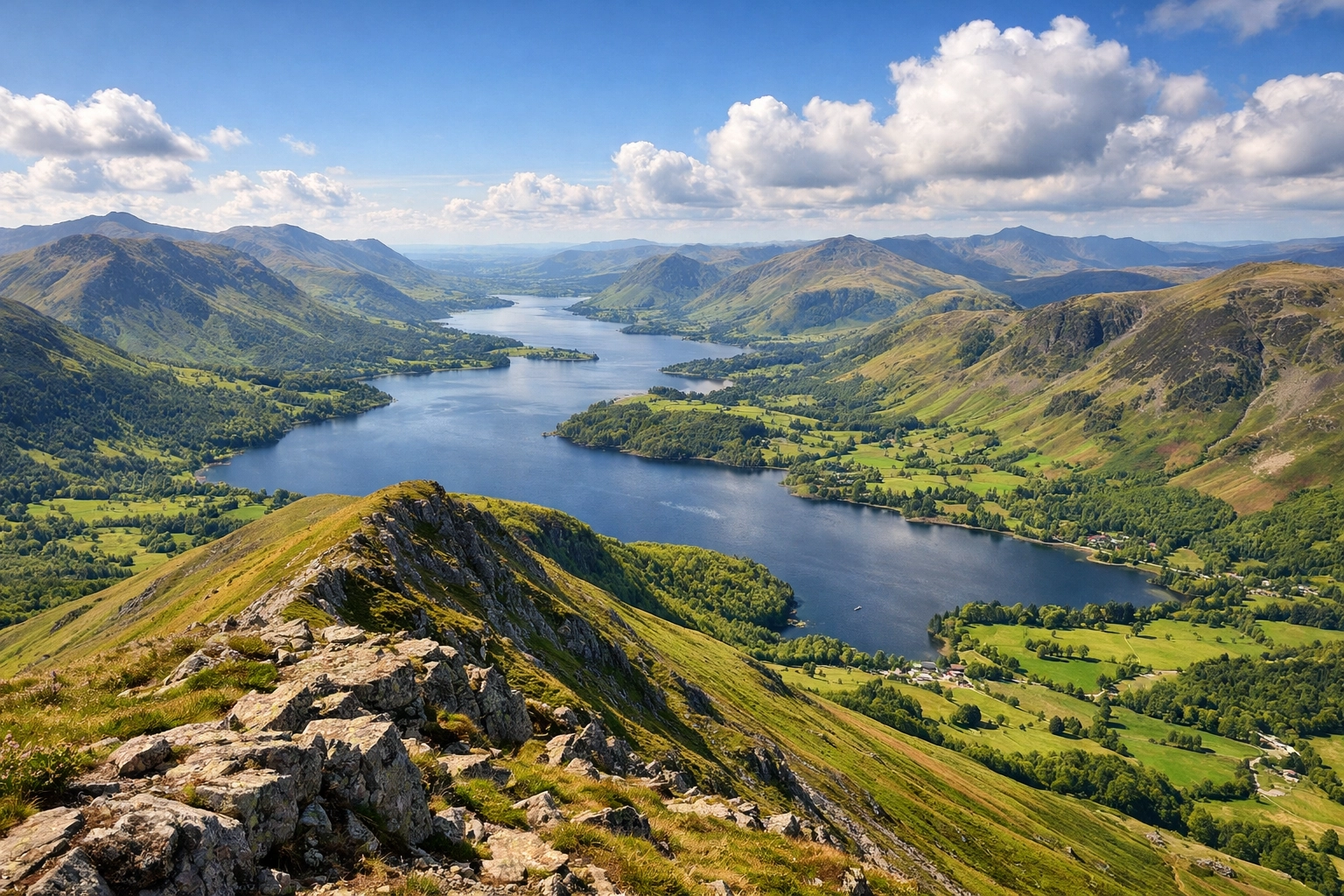 High-altitude view of the Lake District's rolling fells and shimmering lakes on a clear spring day.