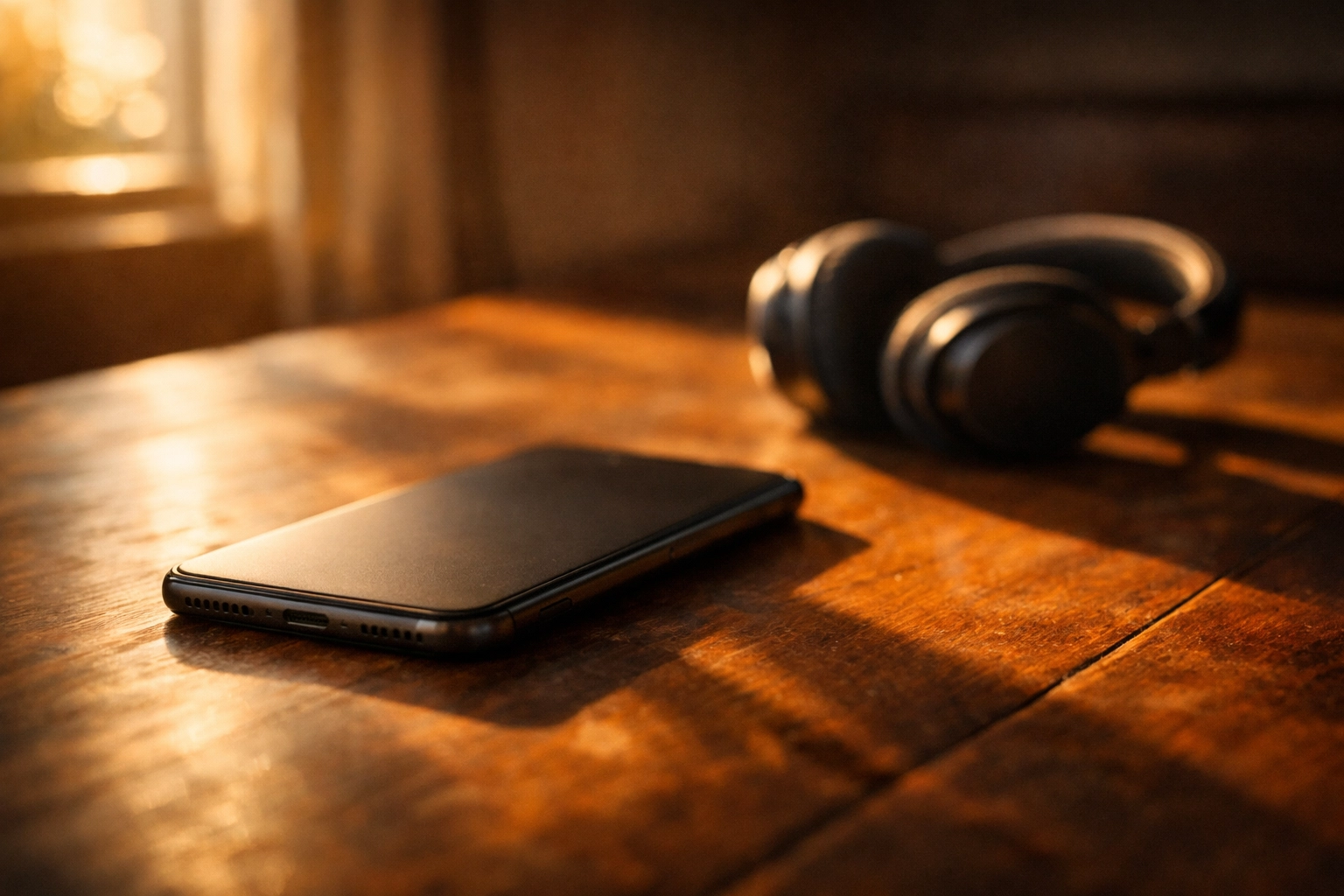Smartphone placed face-down next to headphones on desk for doomscrolling mental reset