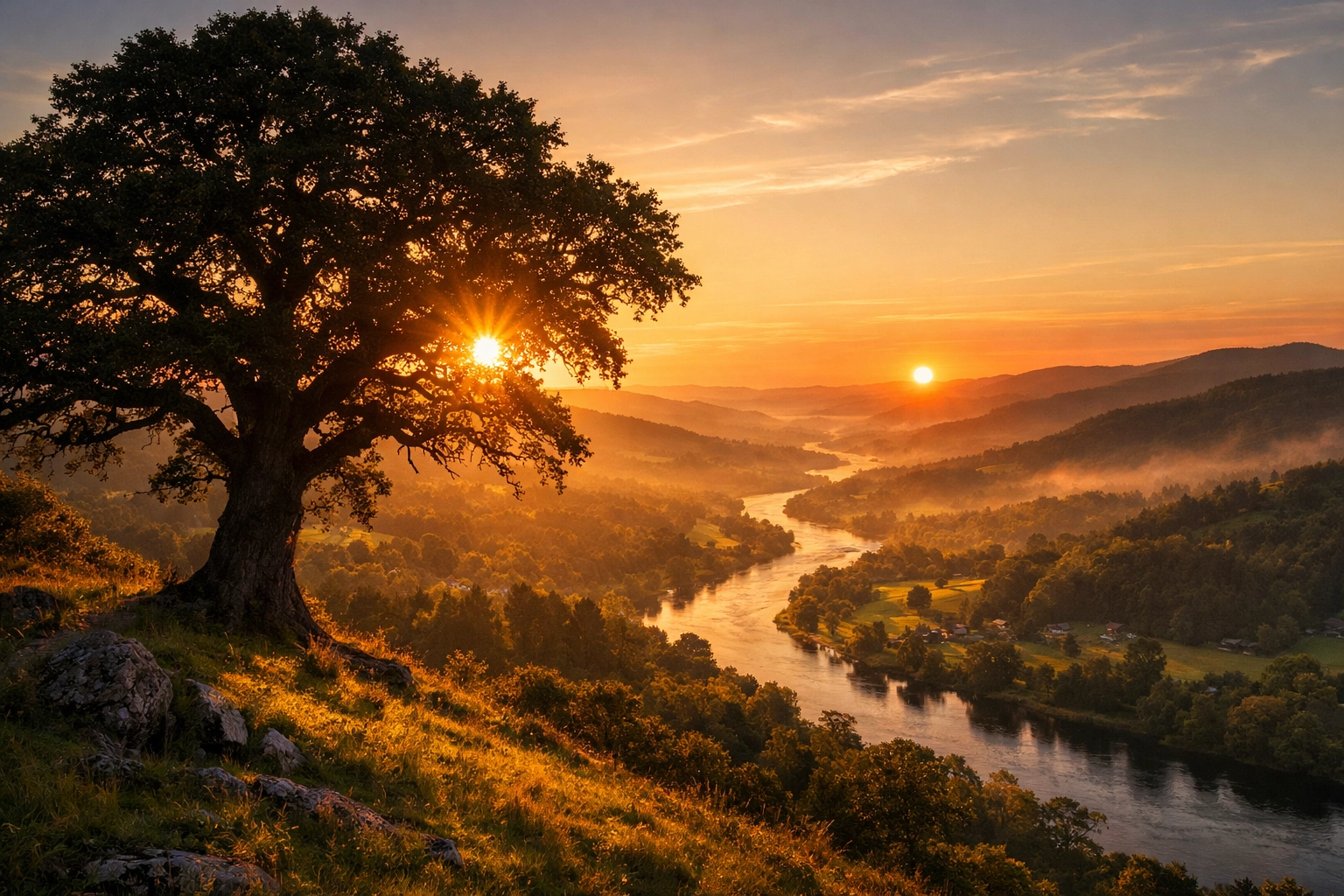Lush green valley during the golden hour, highlighting the best lighting for landscape photography.
