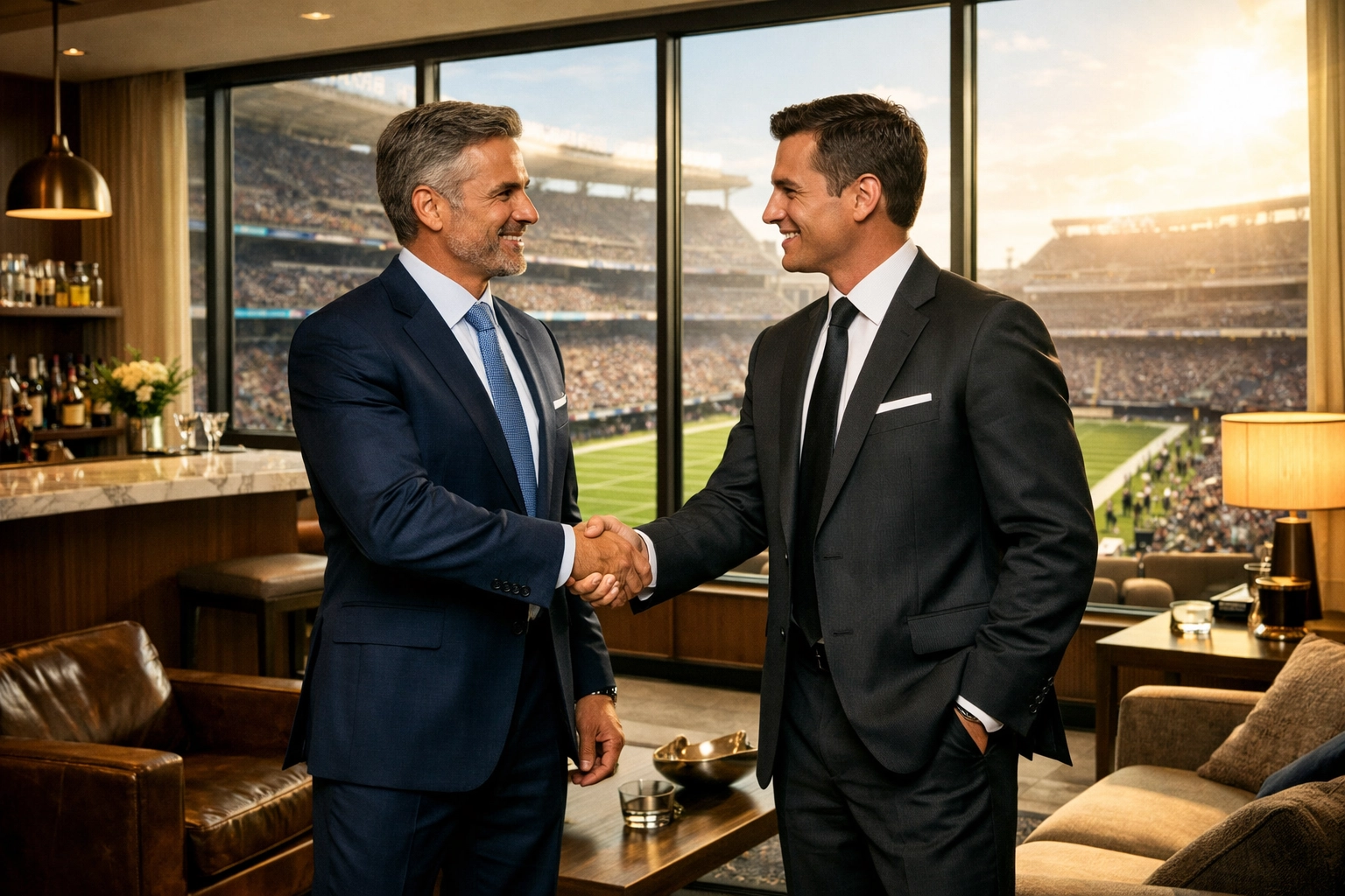 PRESS RELEASE: The Ultimate Guide to Super Bowl Transportation Logistics: Everything You Need to Succeed Business executives networking in a luxury stadium suite overlooking the football field during a corporate event.