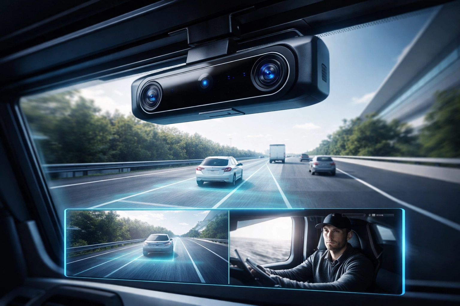 AI fleet dash camera system monitoring both road and driver for comprehensive fleet safety